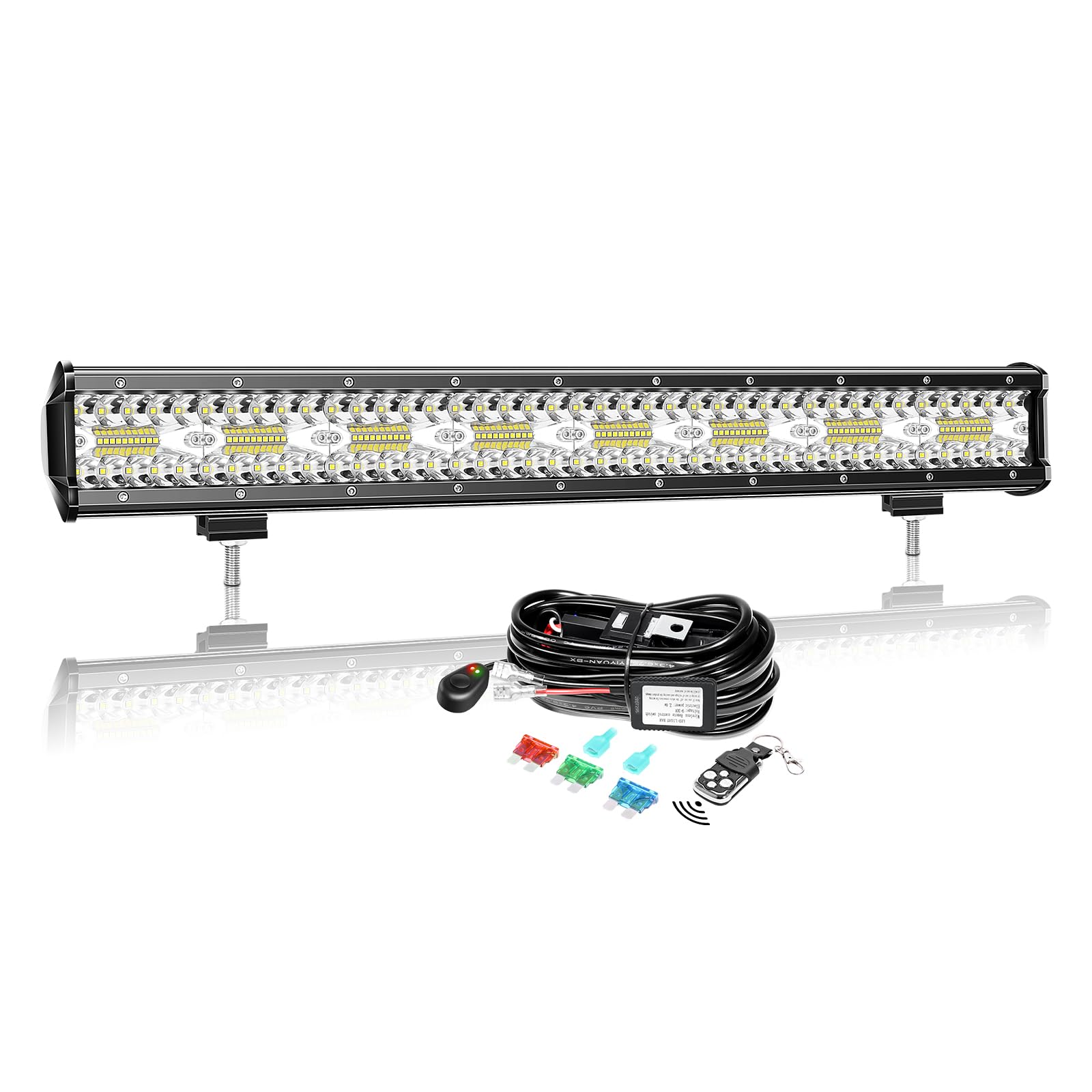 AUXTINGS 23 pulgadas 57 cm 480 W LED Barra de iluminación con 12 V estroboscópica haz de cableado kit,3 filas Spot e inundación Barra luminosa para Offroad Vehículos Coche Camiones SUV 4 x 4,6003 K