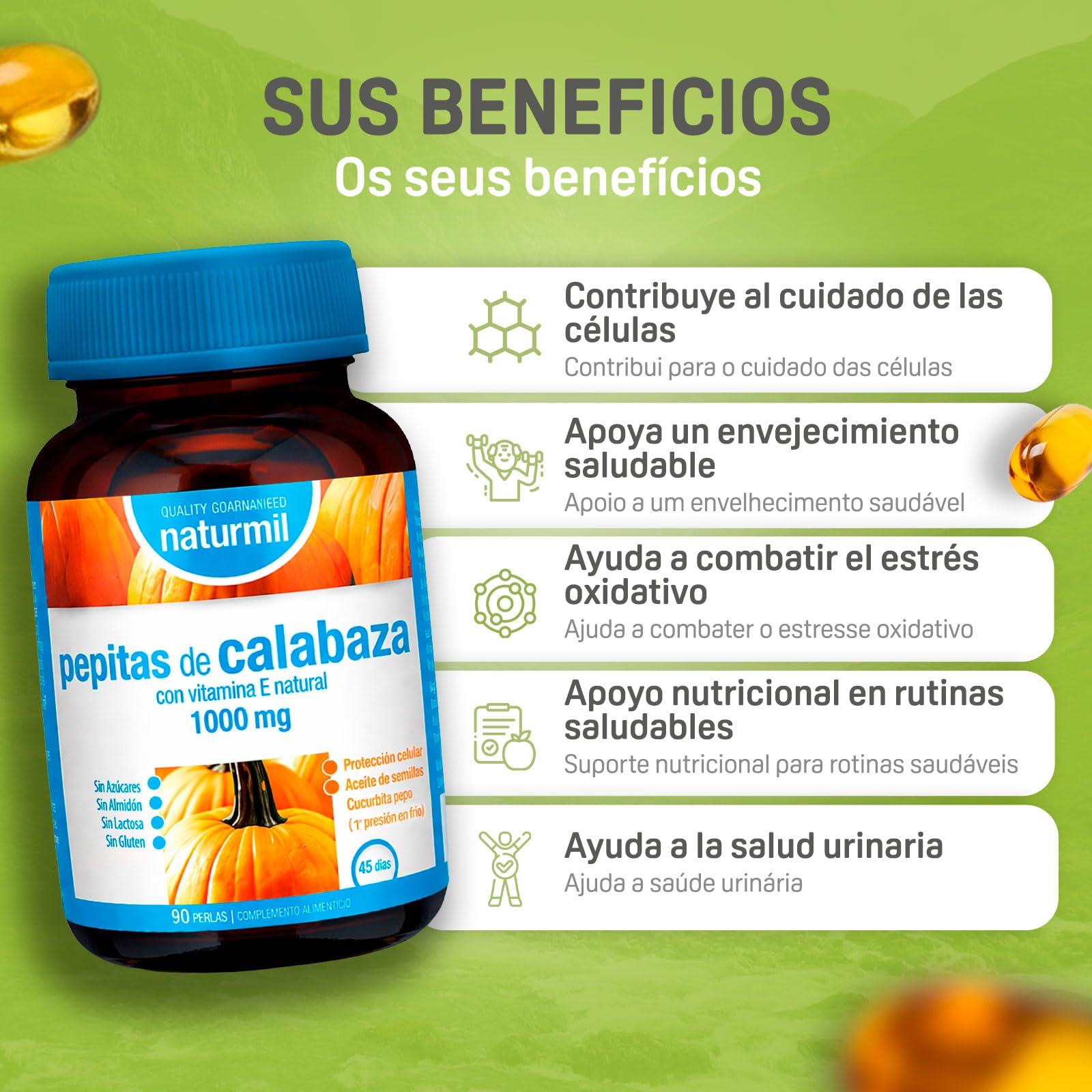 Aceite de Pepitas de Calabaza 1000 mg Cucurbita Pepo Prensado en Frío - Vitamina E Natural - Apoyo Tradicional a la Salud Urinaria y el Bienestar Prostático - 90 Perlas - Naturmil - DietMed