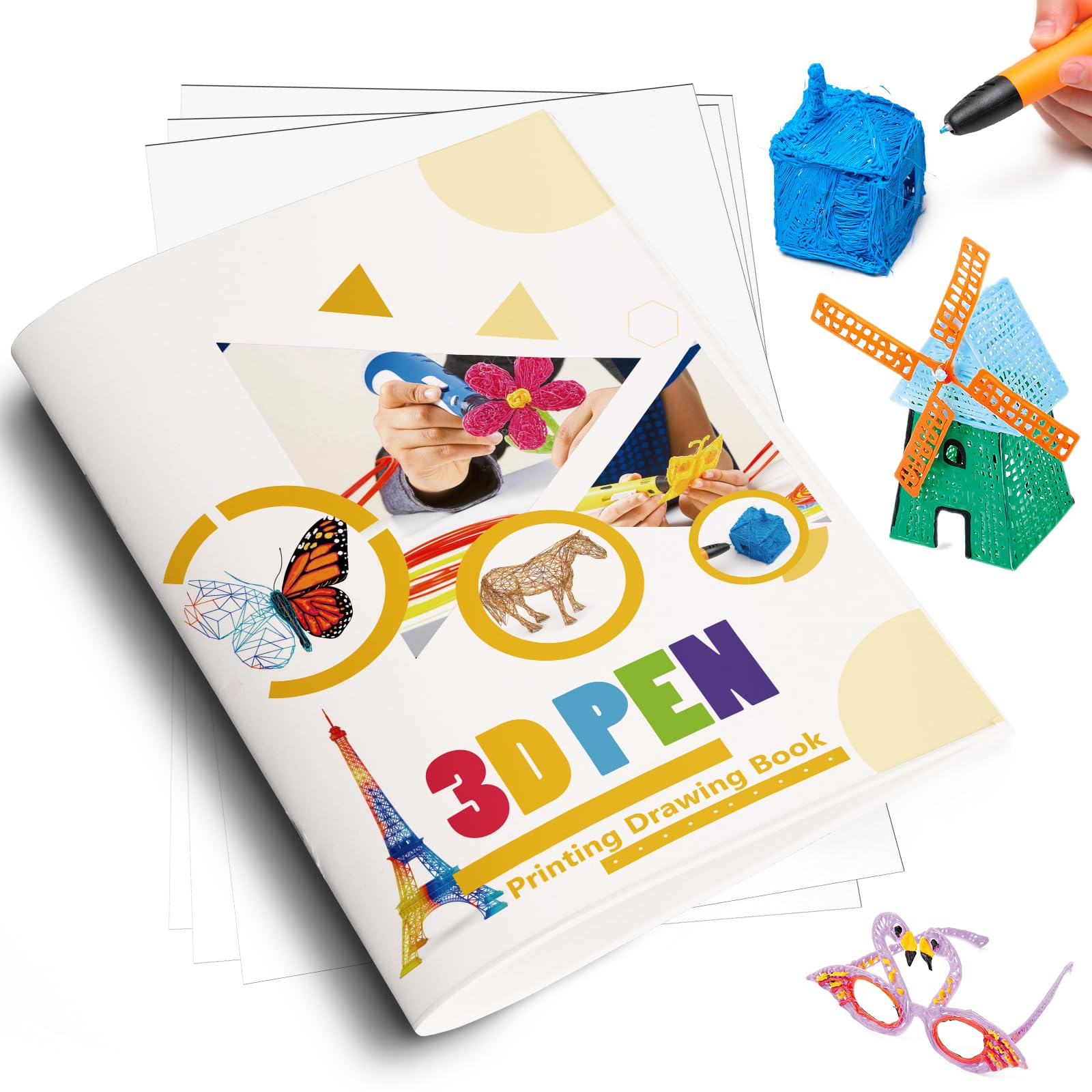 MOCOBO 3D Printing Drawing Book, 40 Colorful Patterned Thick Paper Templates, Reusable, with 2 Clear Plate, DIY Drawing Book, Gifts for Kids