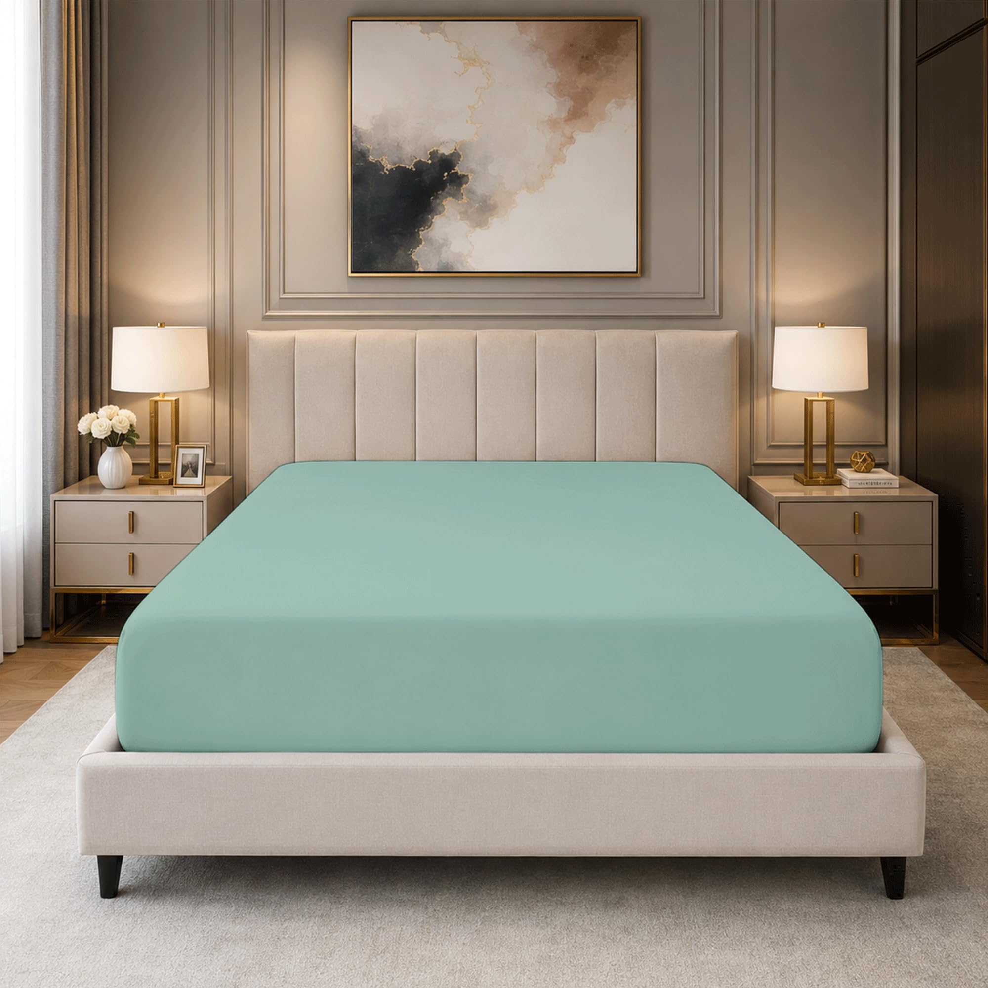 Bloombedding Duck Egg 100% Egyptian Cotton Super King Fitted Sheet, 400 Thread Count, 40Cm Extra Deep Pocket, Soft Luxury Bed Linen, Elasticated Mattress Cover