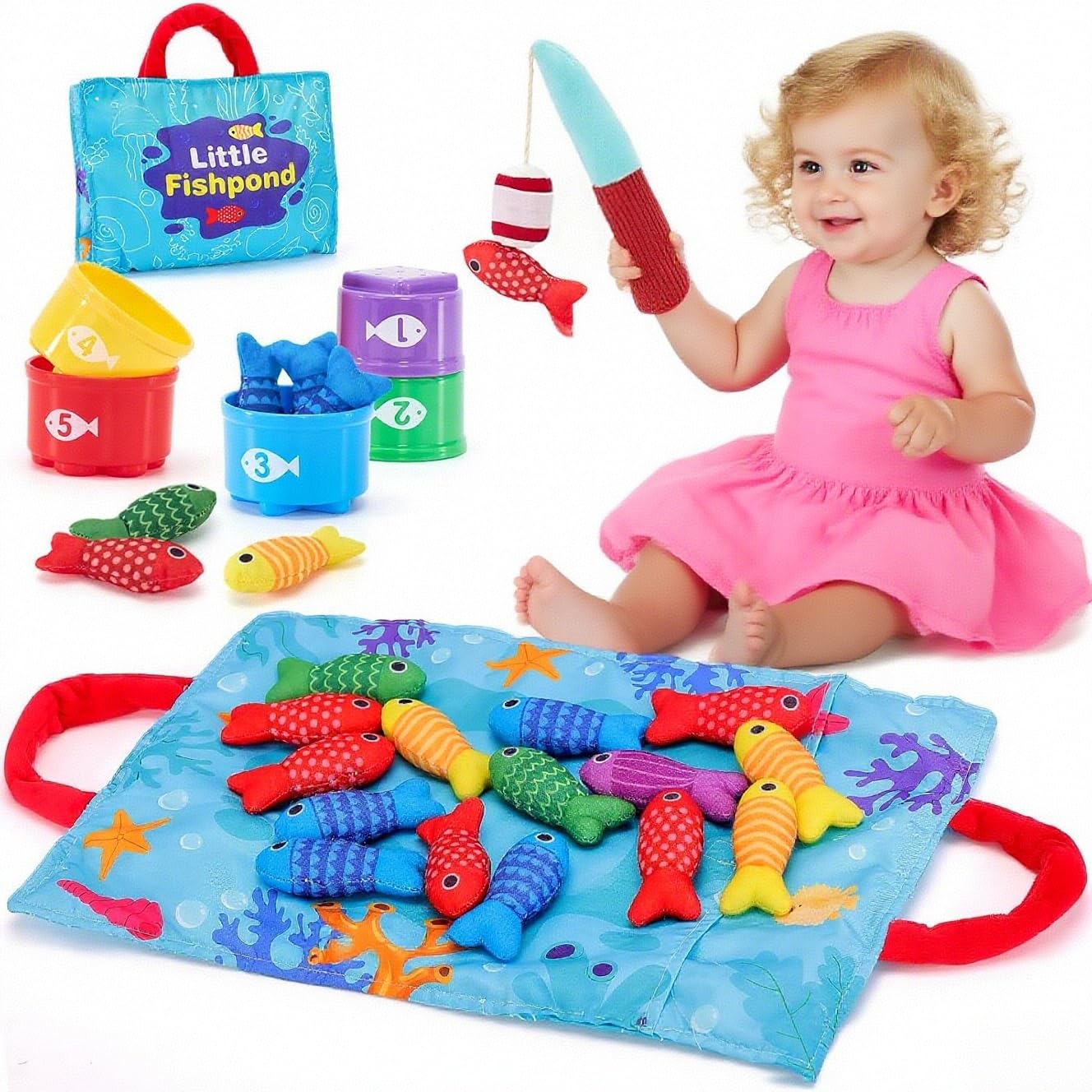 Neuytiky Juego de Pesca Magnético para Niños - 15 Peces de Tela + Cubos Apilables, Juguete Educativo Montessori 1-3 Años, Regalo Original para Bebés Niña/Niño 12-36 Meses