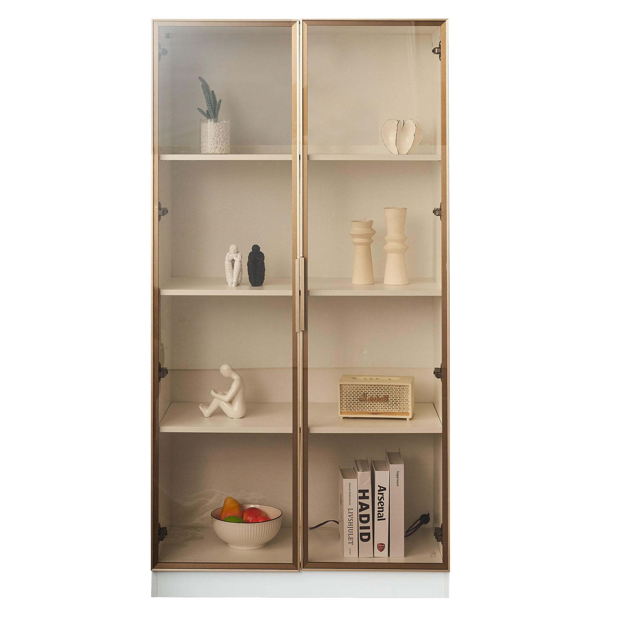 Vetrina Con Cassetti E Luci LED – Mobile In Vetro Temperato Lucido 70x35x180 Cm, Con Armadi E Spazio Semiaperto – Bianco
