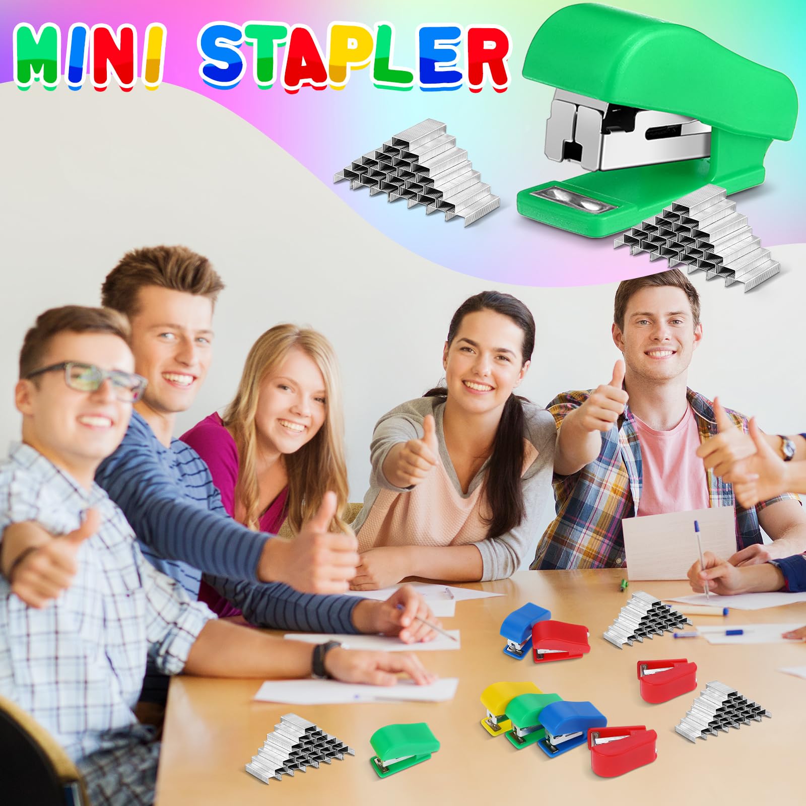 Fainne Mini-Heftgerät mit Heftklammern, tragbar, mehrfarbig, kleines Heftgerät, handgehaltenes Schreibtischhefter, niedliches Bürobedarf-Set für Büro, Uni, 4 Farben (klassische Farbe, 60 Stück)