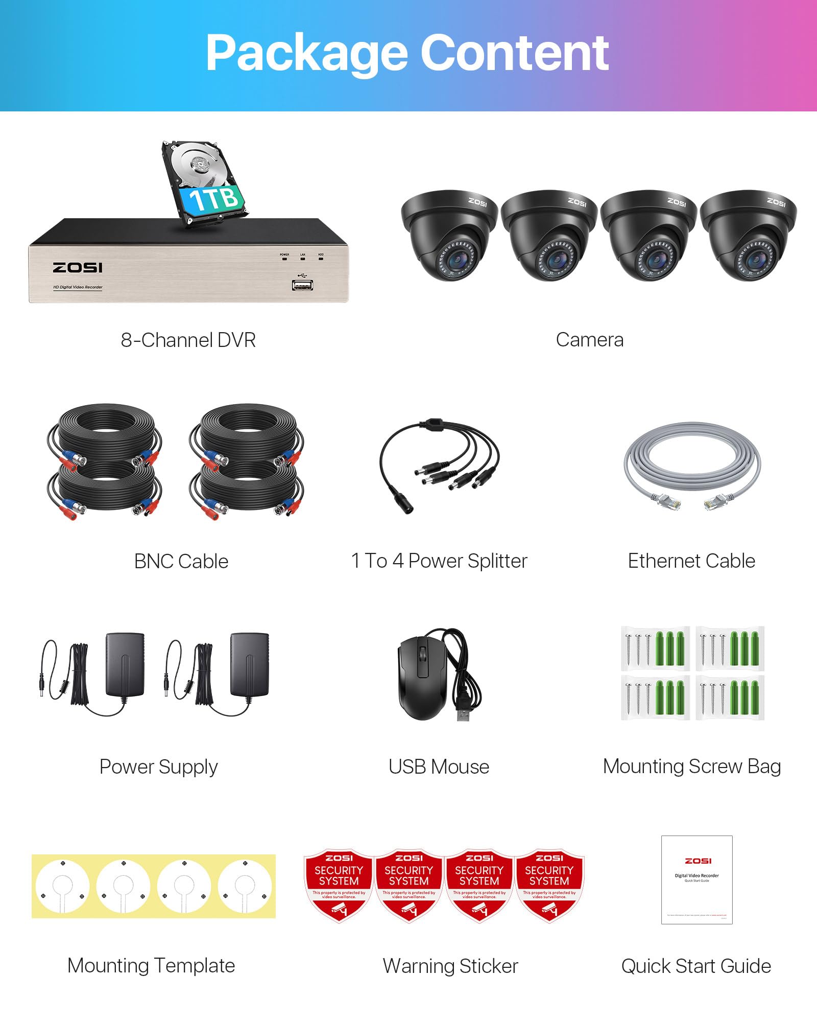 ZOSI 8CH 1080P Kit Surveillance DVR 1To avec Caméra Extérieure Filaire 2MP | Détection IA Personne et Véhicule, Alerte Instantanée et APP Gratuite pour Accès à Distance