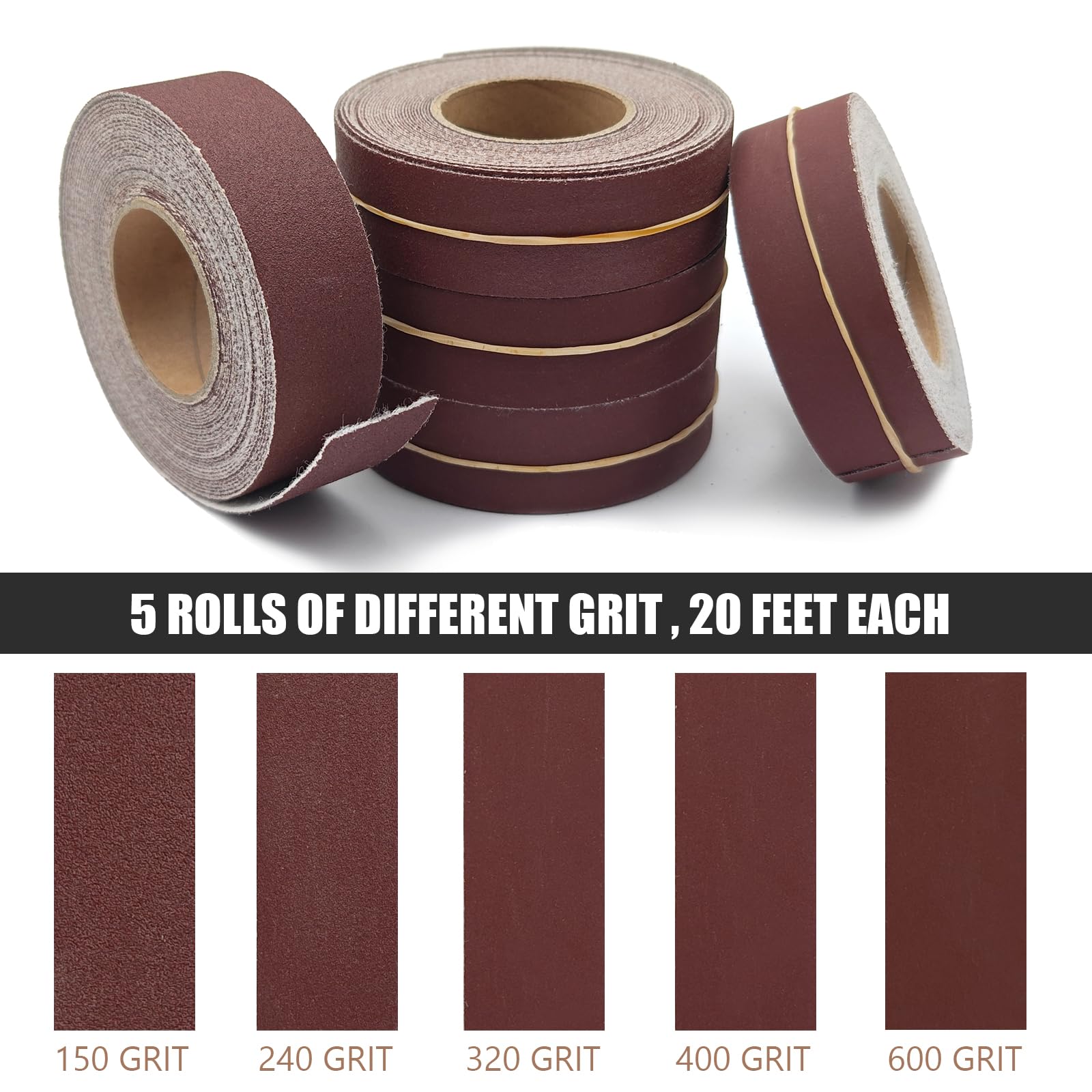 Rouleaux de papier abrasif auto-agrippant, 5 grains assortis par rouleau de papier abrasif de 2,5 cm x 5 m, rouleau de papier abrasif émeri 150, 240, 320, 400, 600 grains pour ponçage et polissage