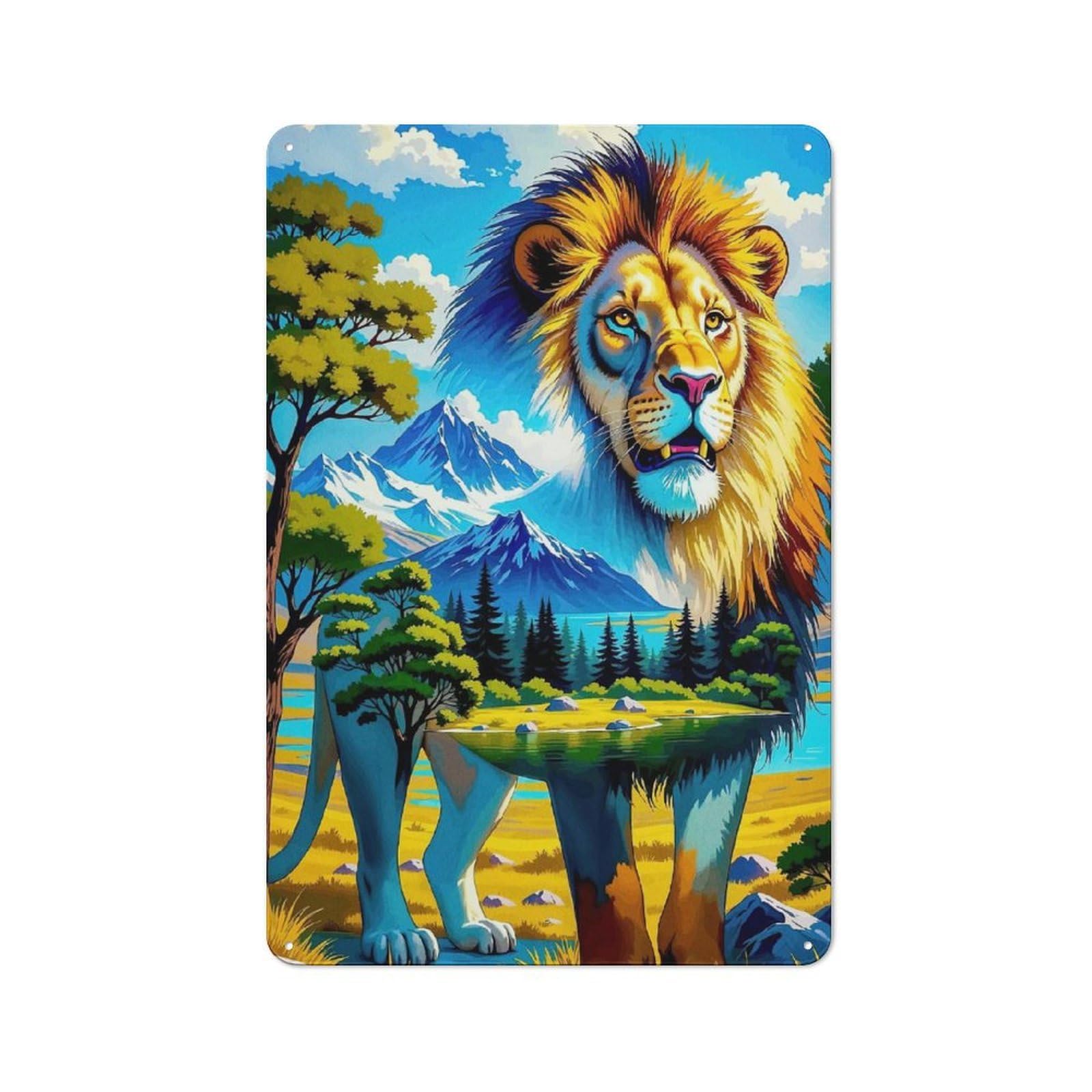 Junmoney Lion Landscape Animal Tin Wall Plaque 30X20cm With For Dining Room Or Kitchen, For Collectors Decorating Kitchens And Dining Spaces