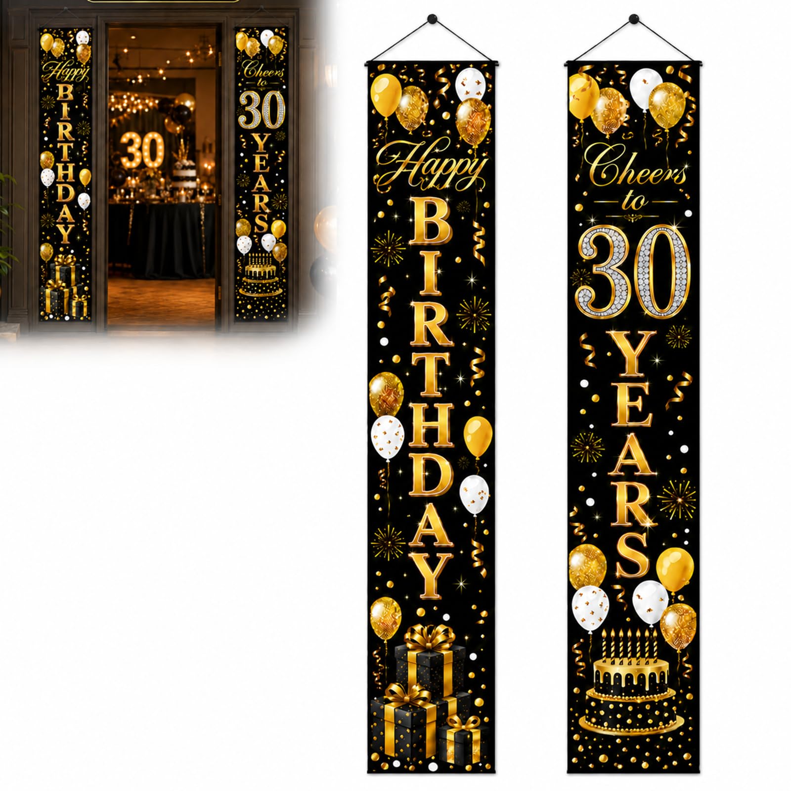 30th Birthday Banner Black Gold - Two-Panel Fabric Hanging Party Decorations for Milestone Celebrations, Elegant Entrance Display & Photo Backdrop with Pre-installed Cord, Indoor Outdoor Use