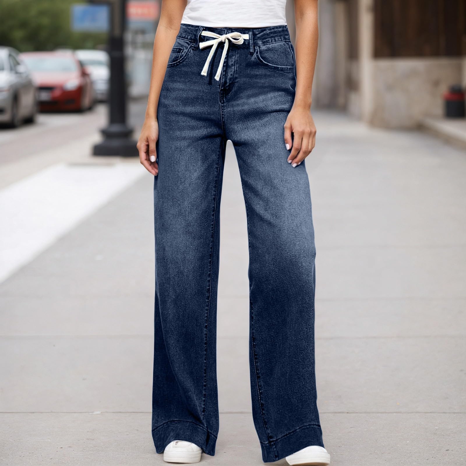 Damen-Jeans mit weitem Bein, lässige, hochtaillierte, Dehnbare, gerade geschnittene Jeans mit Tasche