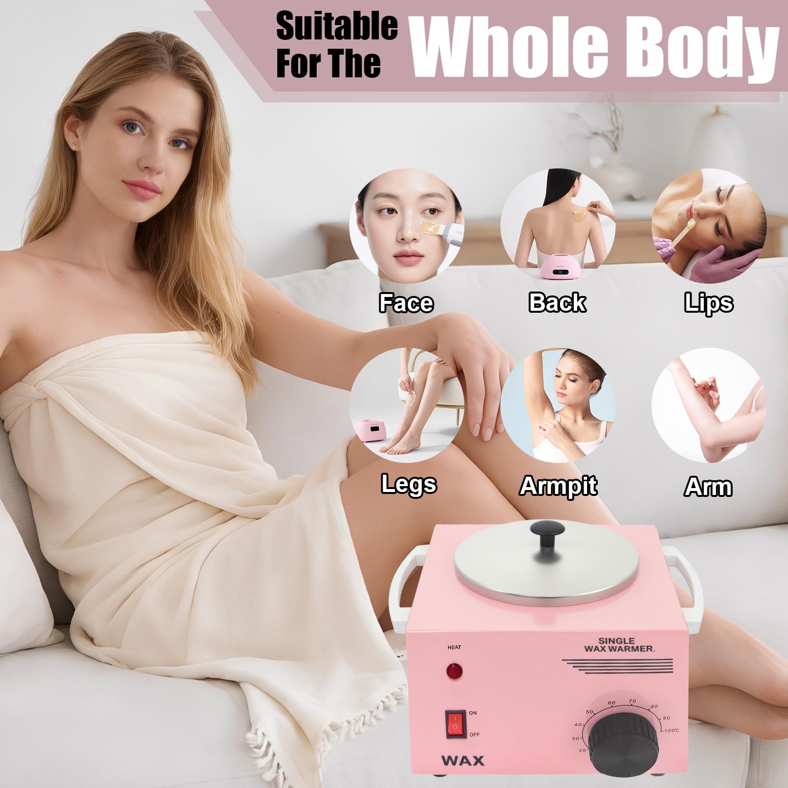 Scaldacera elettrico per depilazione del corpo, riscaldatore in alluminio con bastoncini di cera in legno, vaso singolo (rosa)