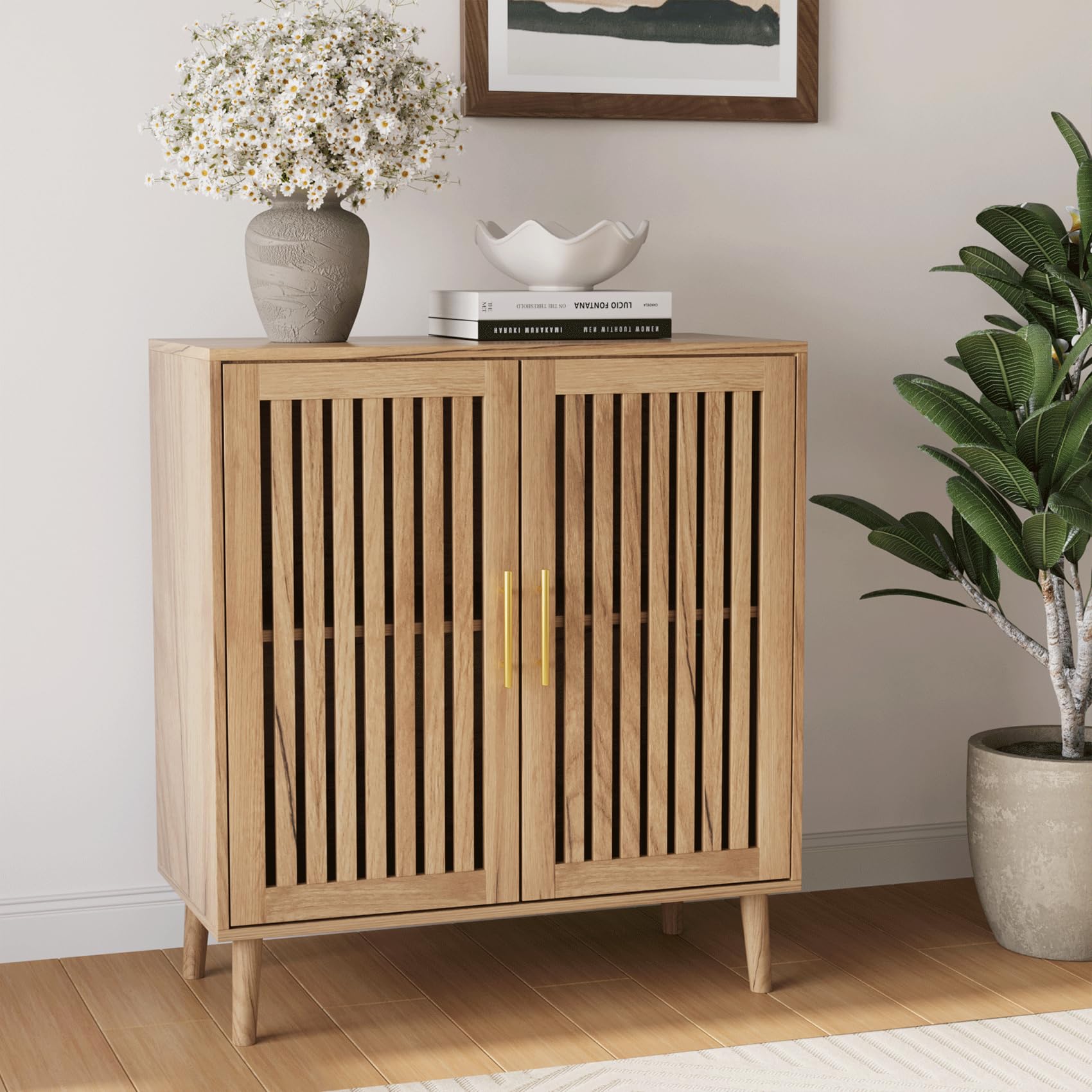 Smart FENDEE Sideboard Cabinet, Farmhouse Buffet Cabinet with Slatted Doors & Adjustable Shelf, Coffee Bar Storage Cabinet for Kitchen, Dining Room, Living Room, Entryway
