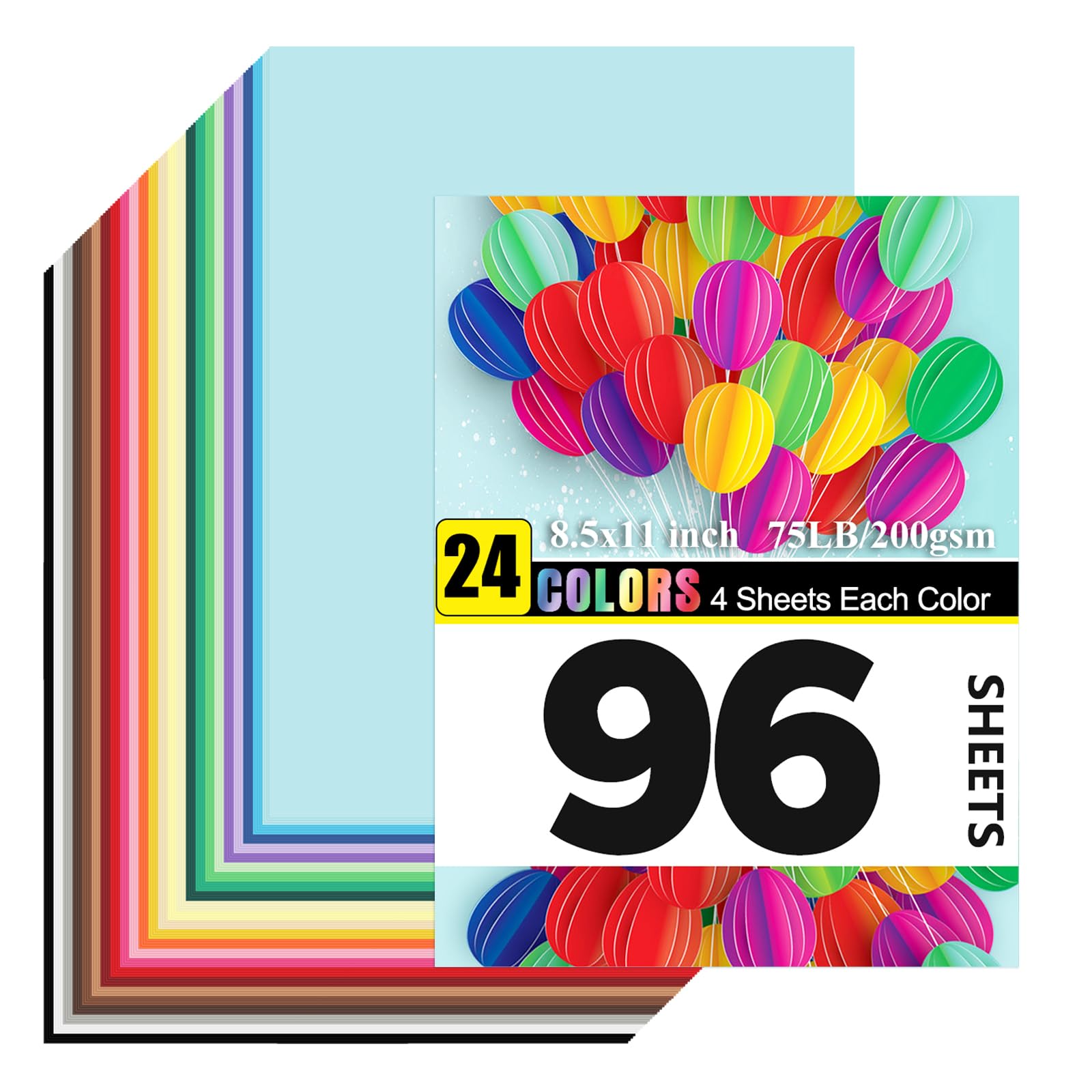 Cartulina de colores OcePor de 96 hojas, 24 colores, 8,5 x 11, cartulina a granel de 200 g/m², 75 lb, colores surtidos, papel de construcción para impresión, fabricación de tarjetas, troquelado, manualidades, álbumes de recortes, fiestas