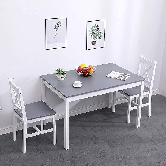 soges Dining Table Set for 4, 42.5 inch Pine Wood Dining Room Table with 4 Chairs, 5-Piece Kitchen Table Chairs Set for Small Space, Apartment, Dinette, Breakfast, White and Grey