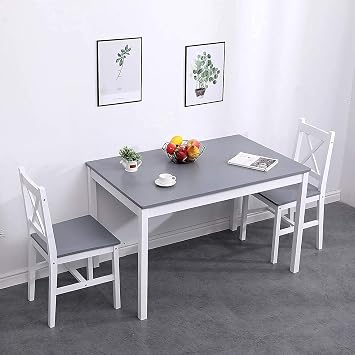 soges Dining Table Set for 4, 42.5 inch Pine Wood Dining Room Table with 4 Chairs, 5-Piece Kitchen Table Chairs Set for Small Space, Apartment, Dinette, Breakfast, White and Grey