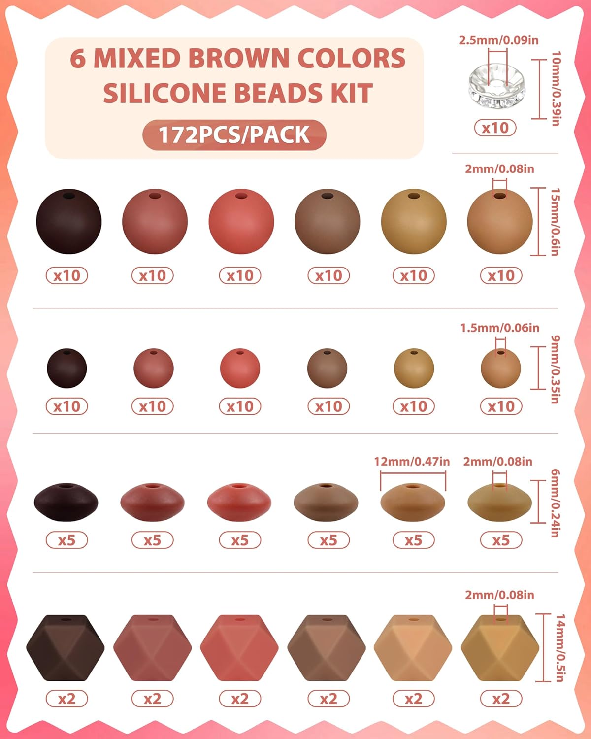172PCS FIVEIZERO Silicone Beads for Keychain Making, 6 Mixed Colors Silicone Focal Beads Kit, 9mm & 15mm Round Lentil Hexagon Bead & Rhinestone Spacer Bead for Jewelry Making & Bracelets (Brown) - Image 2