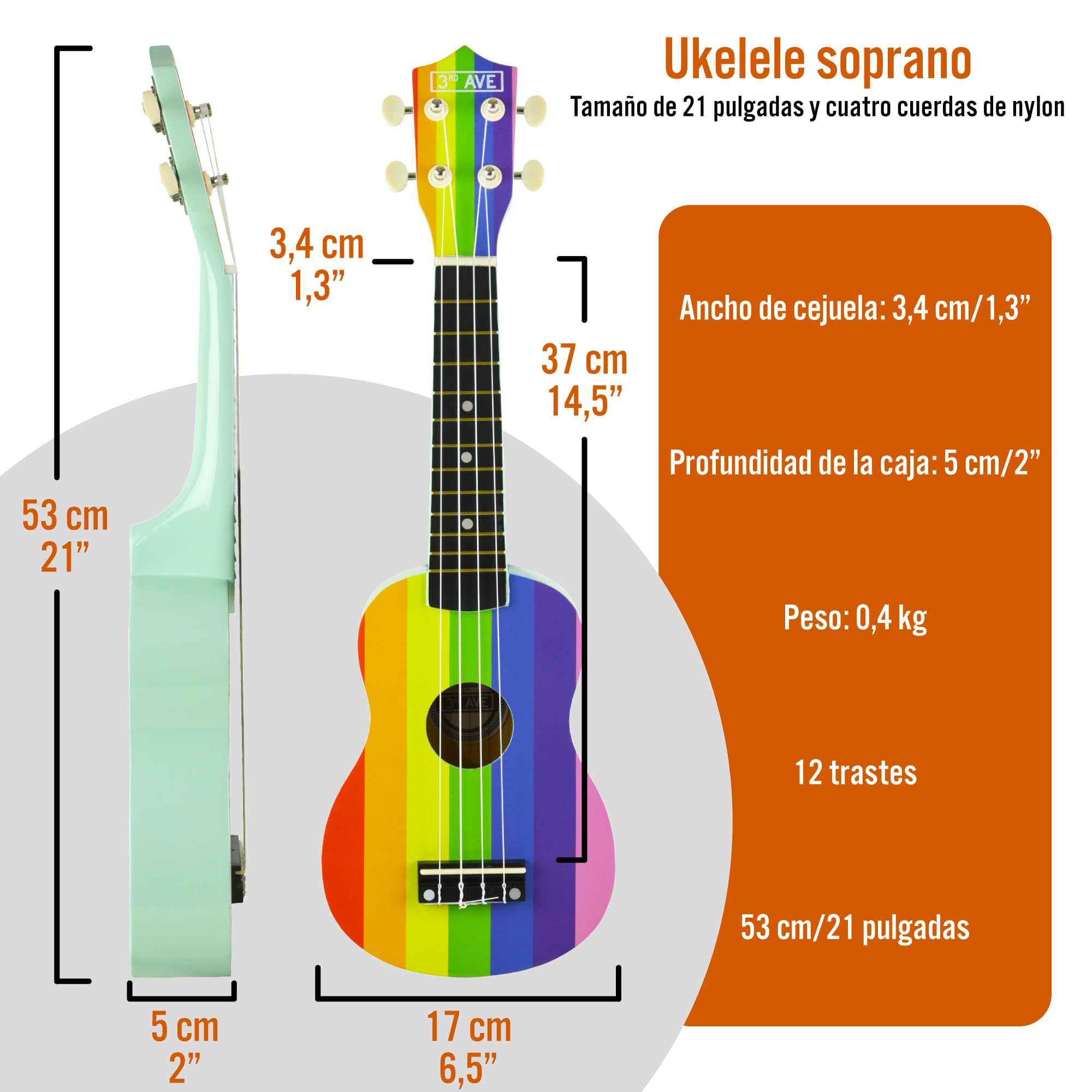 3rd Avenue Ukelele soprano para principiantes de 53 cm, 4 cuerdas de nailon con bolsa de ukelele gratis, arco iris, lecciones en línea gratis de 1 mes