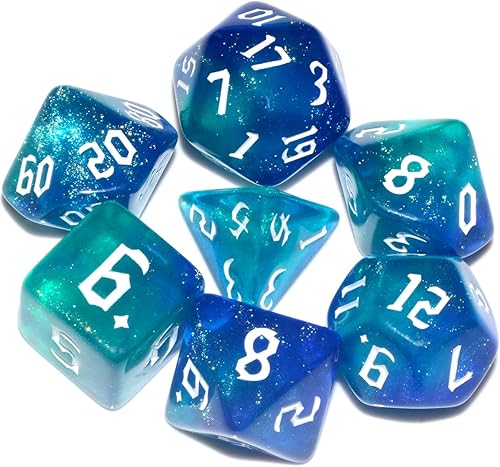 Dados DND Galaxy de 7 piezas, con purpurina cósmica verde y azul, mezclados, para juegos de mesa RPG MTG