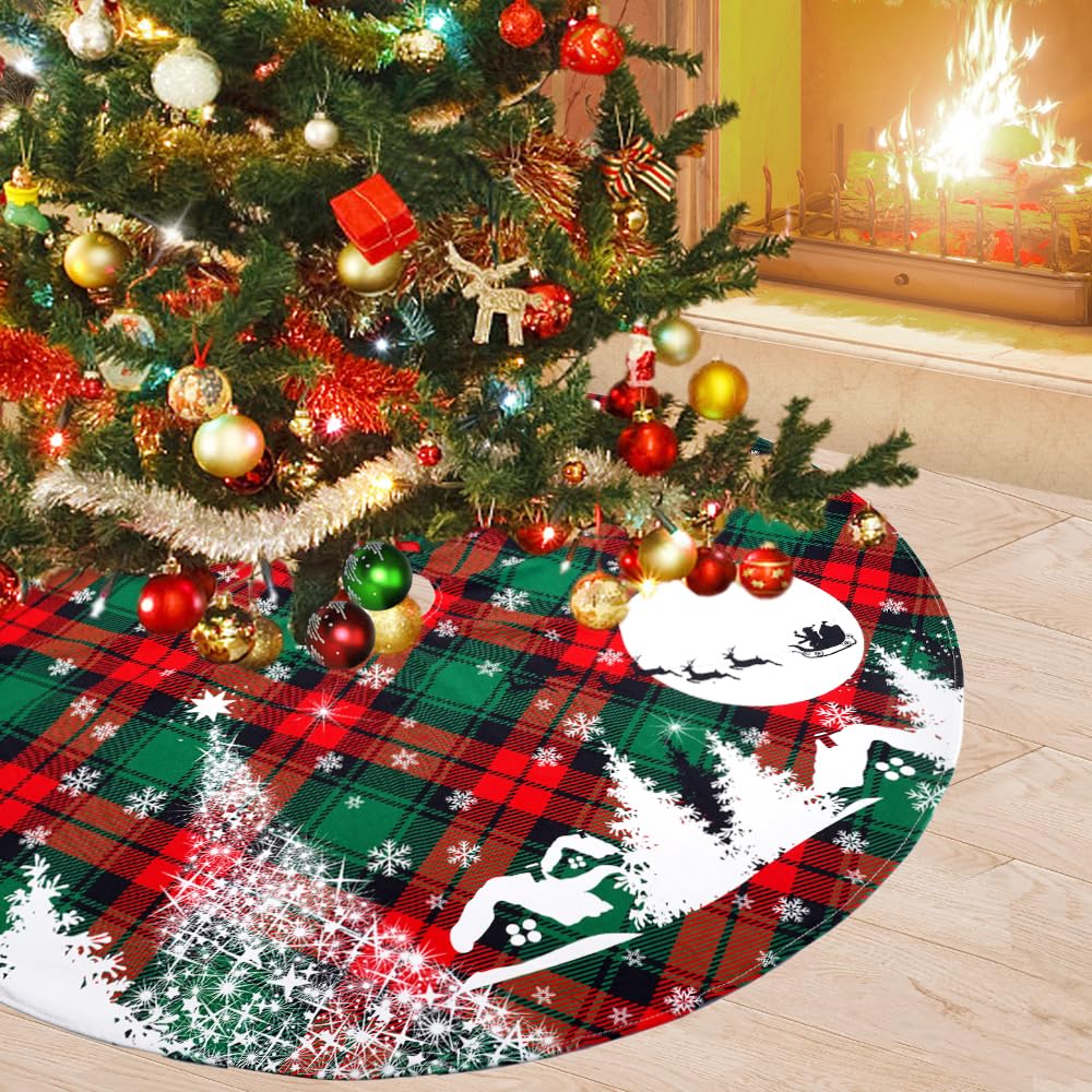 Christmas Tree Skirt, 48 Inch Red and Green Buffalo Plaid Tree Skirt with Snowflake and Reindeer Design, Large Xmas Tree Skirt for Holiday Party Christmas Tree Decorations