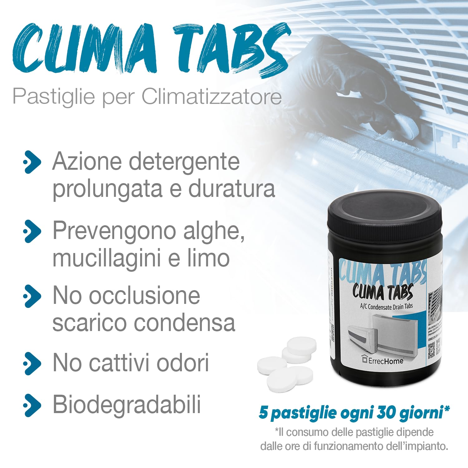 ErrecHome Kit pulizia climatizzatori, include Clima Clean 1L detergente pulizia unità interna e filtri, cover protettiva Clima Cover, Clima Tabs 40 pastiglie per pulizia scarico condensa, guanti
