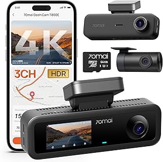 70mai 4K Dash Cam Front and Rear Inside, 3 Channel Car Dash Camera for Cars, Dashcam with GPS, Wi-Fi 6, Voice Control, Parking Monitor, Night Vision, Loop Recording, 64GB SD Card Included (T800E)