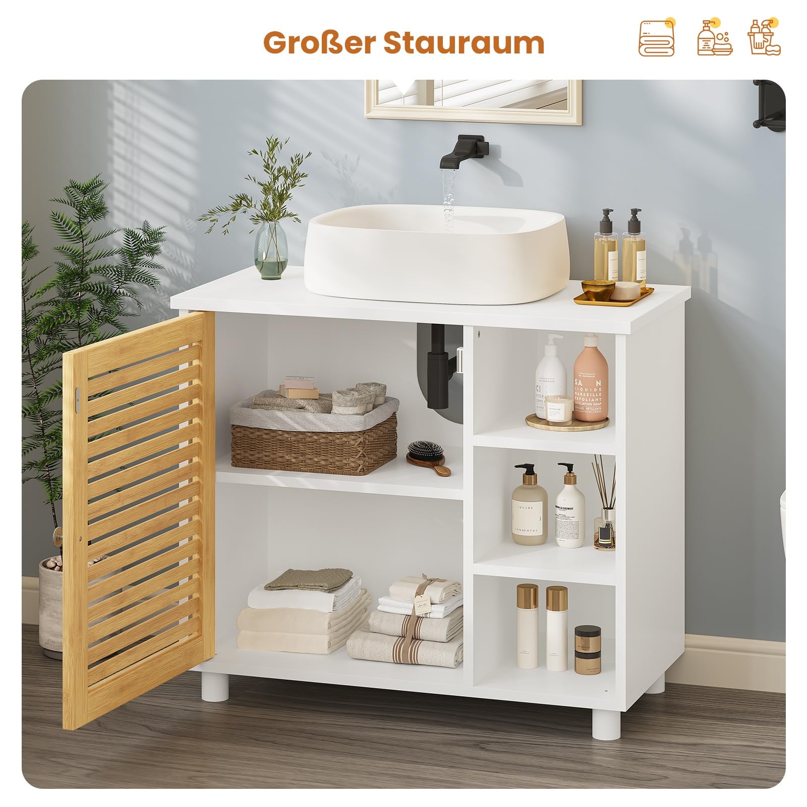 Waschbeckenunterschrank, Badezimmerschrank mit Bambustüren, 3 offene Fächer, viel Stauraum, Freistehend Badschrank Unterschrank, 62 x 30 x 60 cm