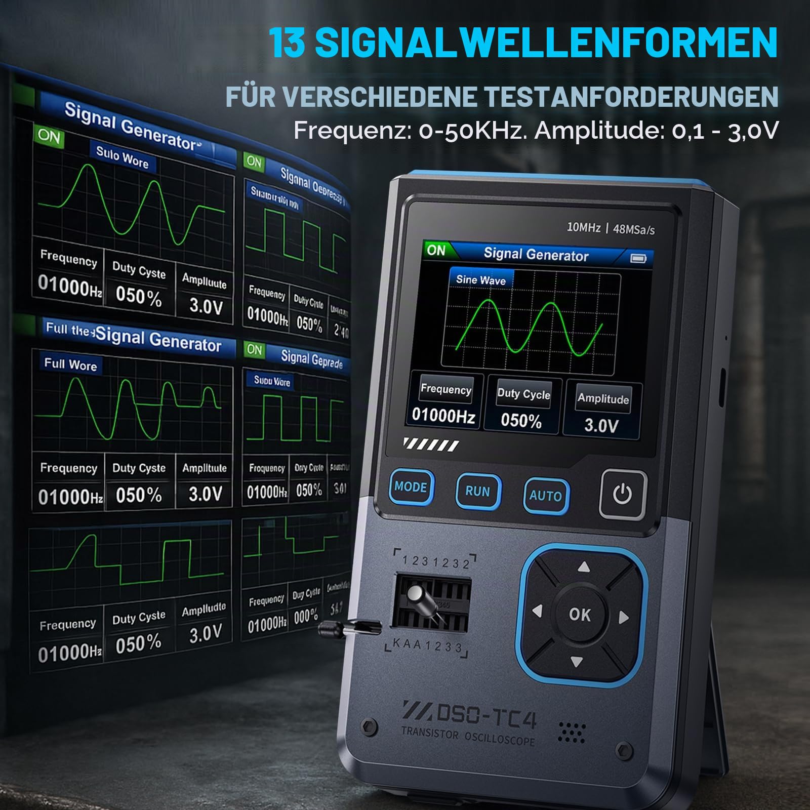 Oszilloskop Multimeter, 3 in 1 Handheld Oscilloscope mit 10MHz Bandbreite, 48MSa/s Abtastung, 2.8" TFT Display Signaenerator, USB Transistor Tester
