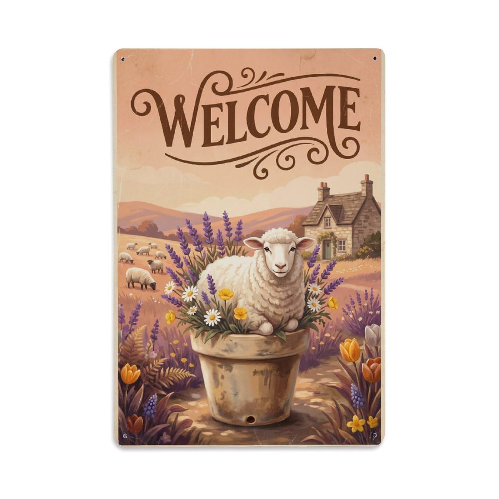 Vintage Welcome Sheep Sunny Day Metal Tin Sign