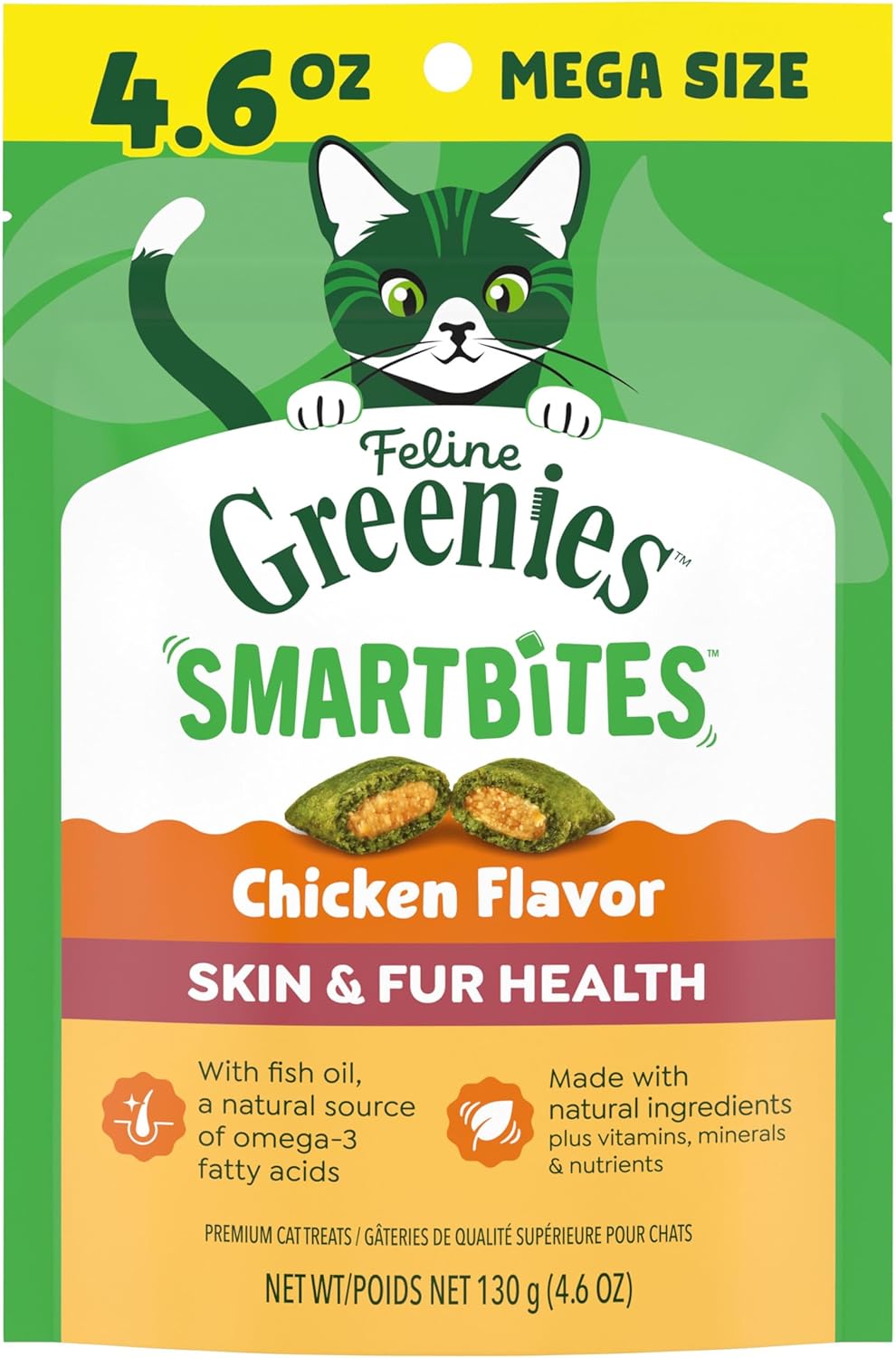 GREENIES Feline SmartBites Skin & Fur Health Cat Treats, Chicken Flavor Crunchy-Soft Texture, 4.6 oz Low-Calorie Snacks