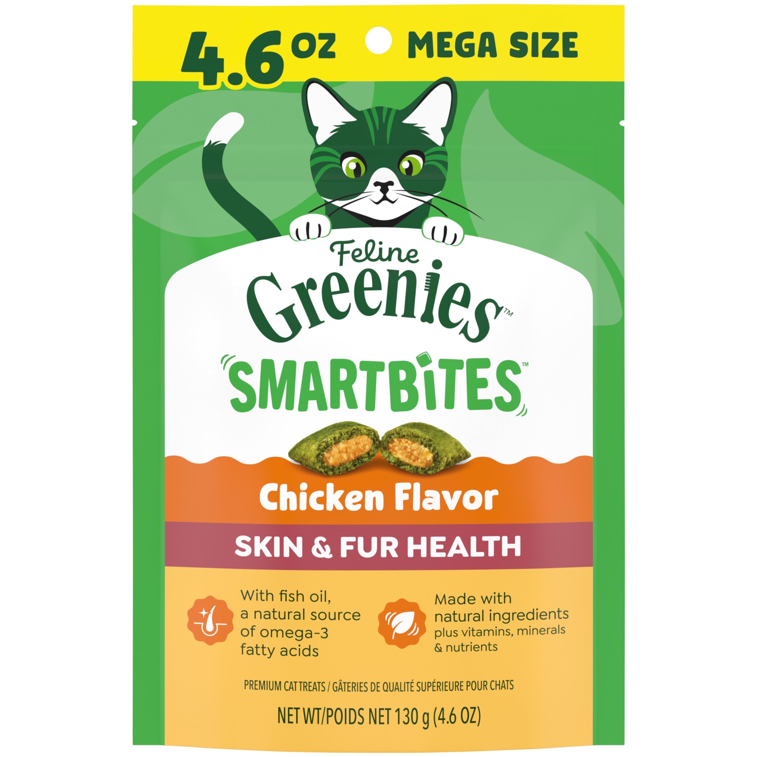 Greenies Feline Smartbites Skin & Fur Crunchy and Soft Cat Treats, Chicken Flavor, 4.6 oz. Pack