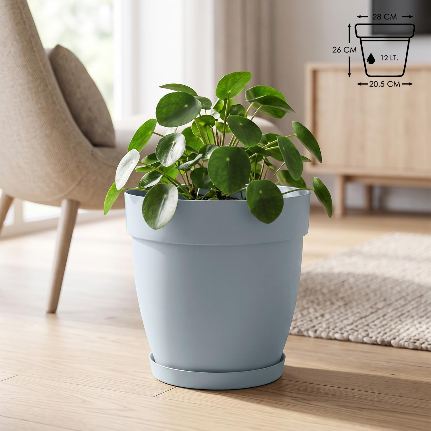 Mono Saksı Tabaklı Drenaj Delikli Izgaralı Plastik Çiçek Saksısı (Gri, 12 Litre)