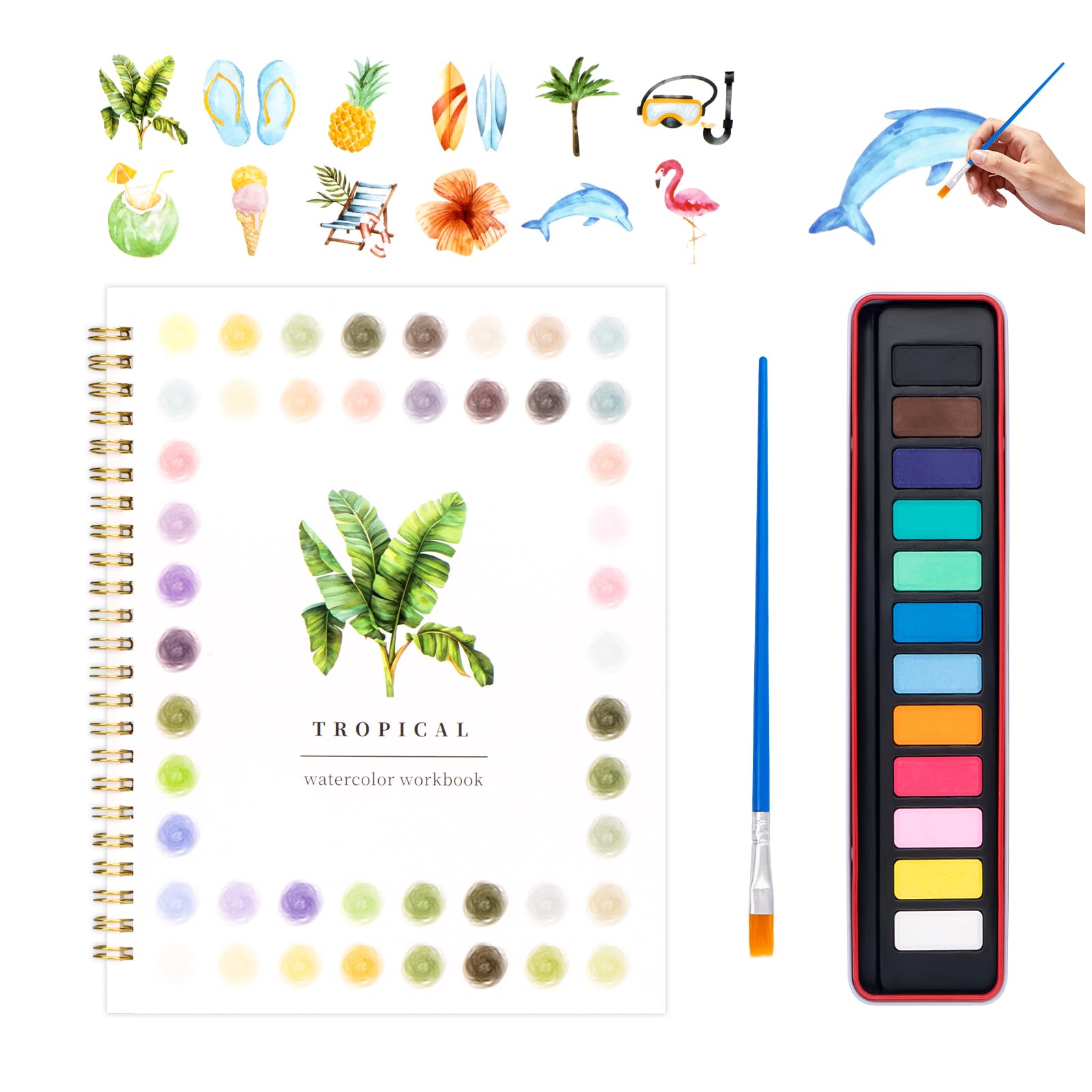 Watercolor Workbook for Adults, Beginner Friendly Watercolor Painting Kit Tropical Water Coloring Book, Nature-Themed Practice Art Gift Water Color Paint Book with Palette and Brush