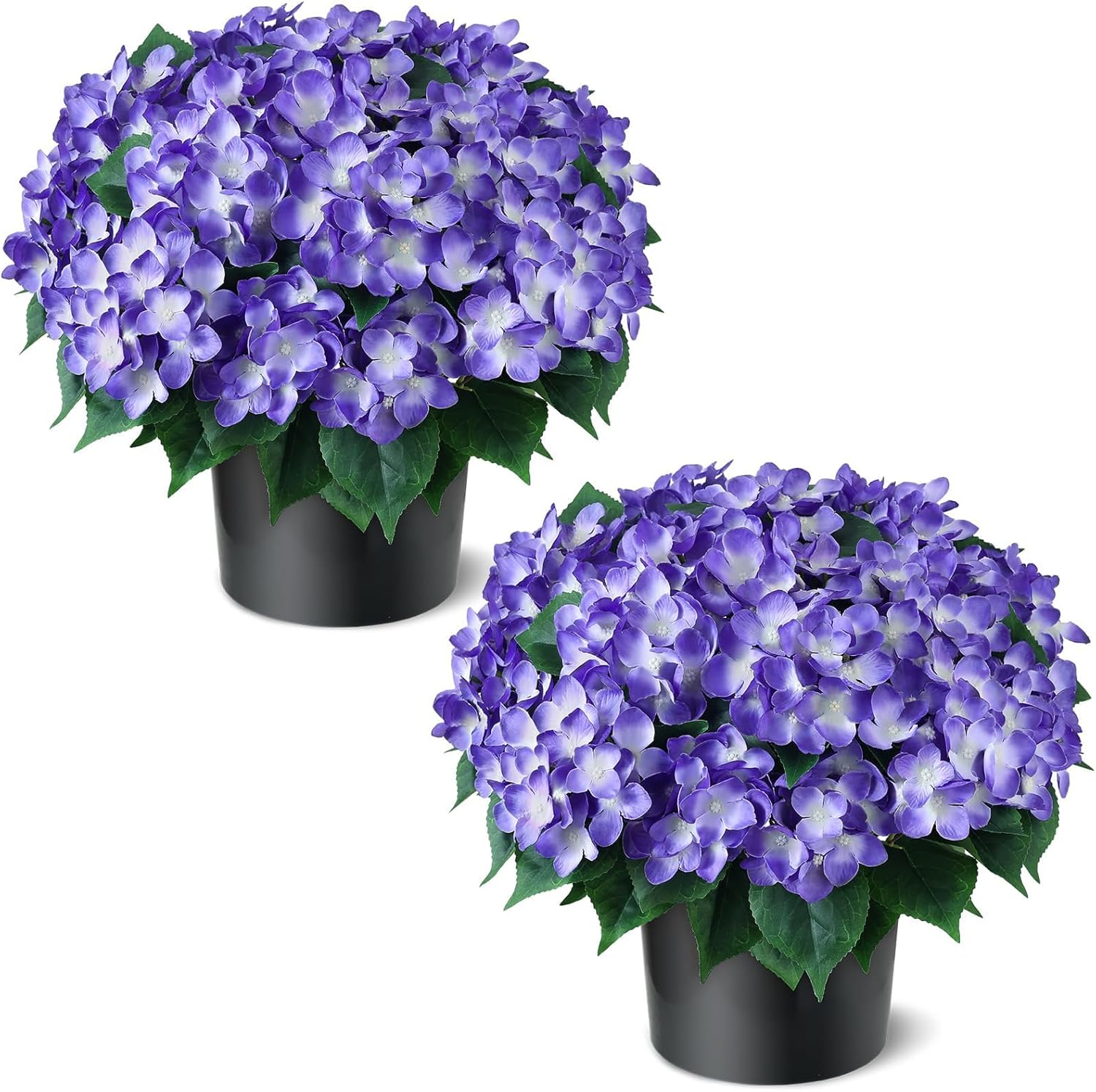 FOTEEWL Artificial Hydrangea Flower Topiary Trees - 2 Sets Faux Silk Flower Potted Plant, UV Resistant Fake Outdoor Hydrangea Bush for Front Door, Farmhouse, Garden, Porch Decor (Purple)