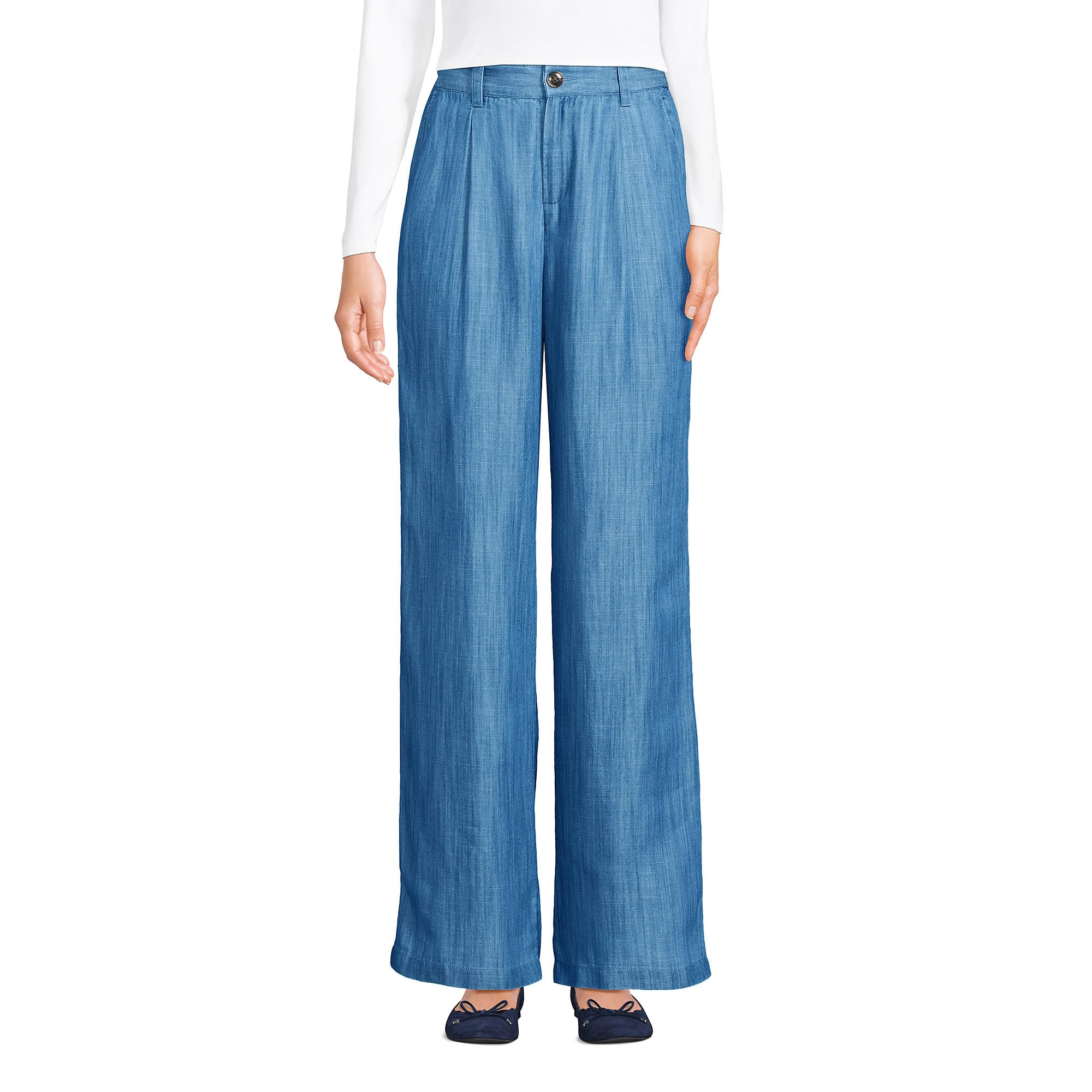 Lands End Womens High Rise Elastic Back Pleated Wide Leg Pants Made with Tencel Fibers
