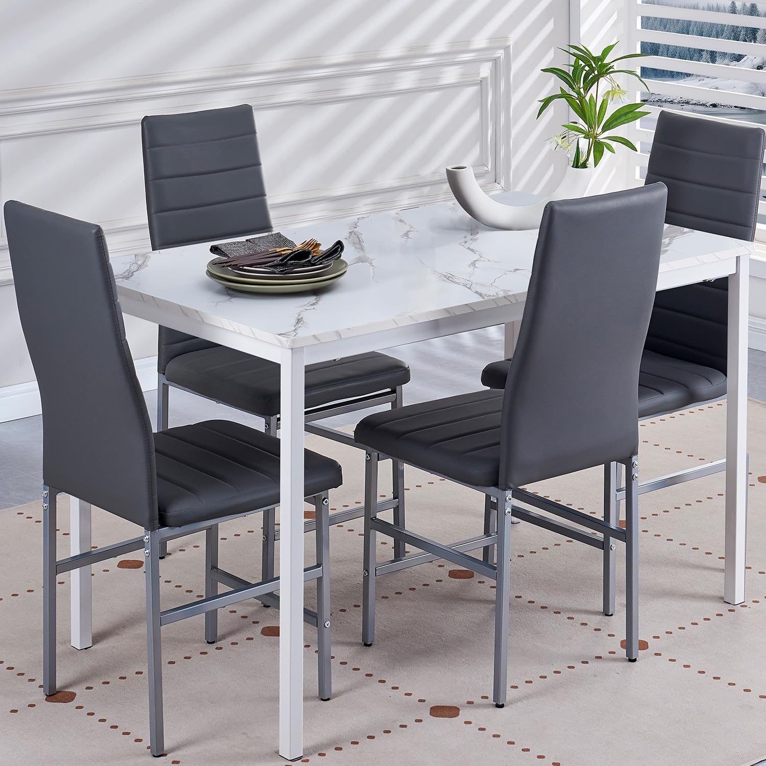 DZOVAD Dining Table and Chairs Set 4, Modern MDF Dining Table and 4 Faux Leather Chairs, 5 Piece Set, White/Slate Grey