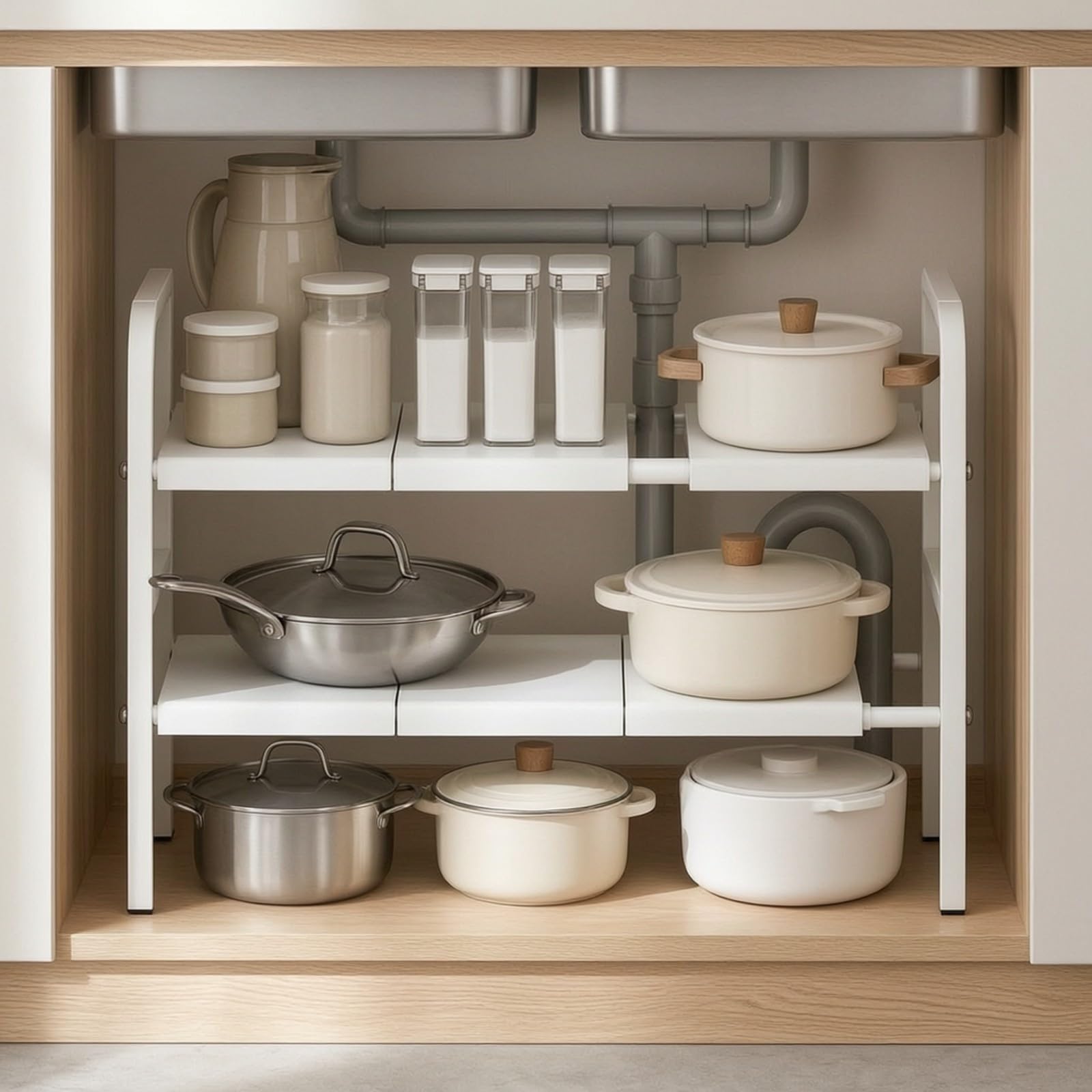 Milageto Organizer Estensibile a 2 Livelli Stabile Organizer sotto Lavello Robusto Scaffale sotto Lavello per Interno Armadio, Stanza Dei Servizi, Grigio