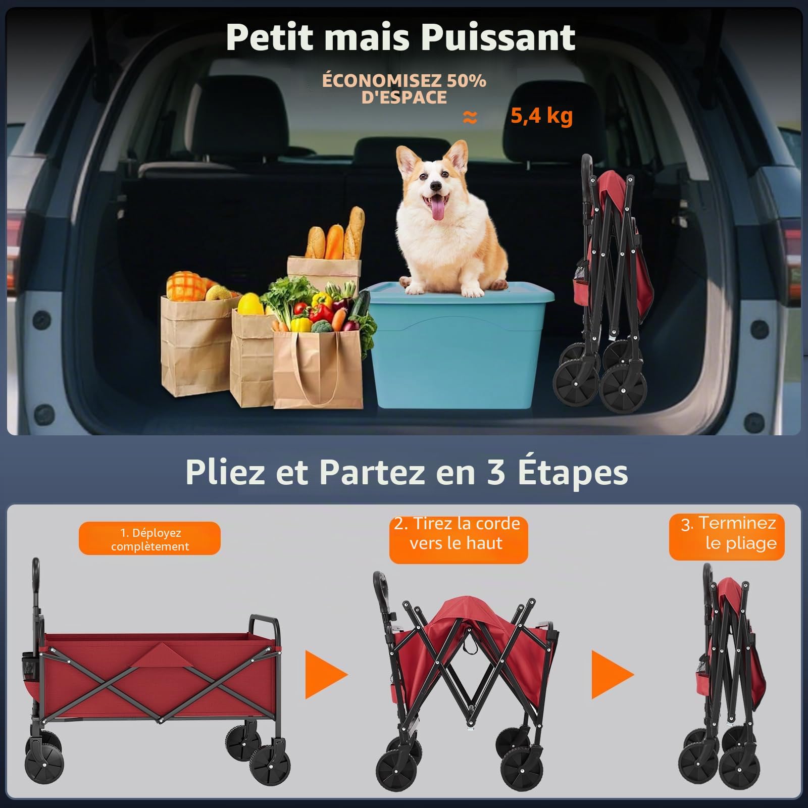 Chariot Pliable de Transport Léger 5,3 kg, Chariot de Jardin Largeur pliée 14 cm, Tissu Oxford 600D, Charge 172kg, 220 L, 2 roulettes Universelles pour Camping, Shopping, Extérieur