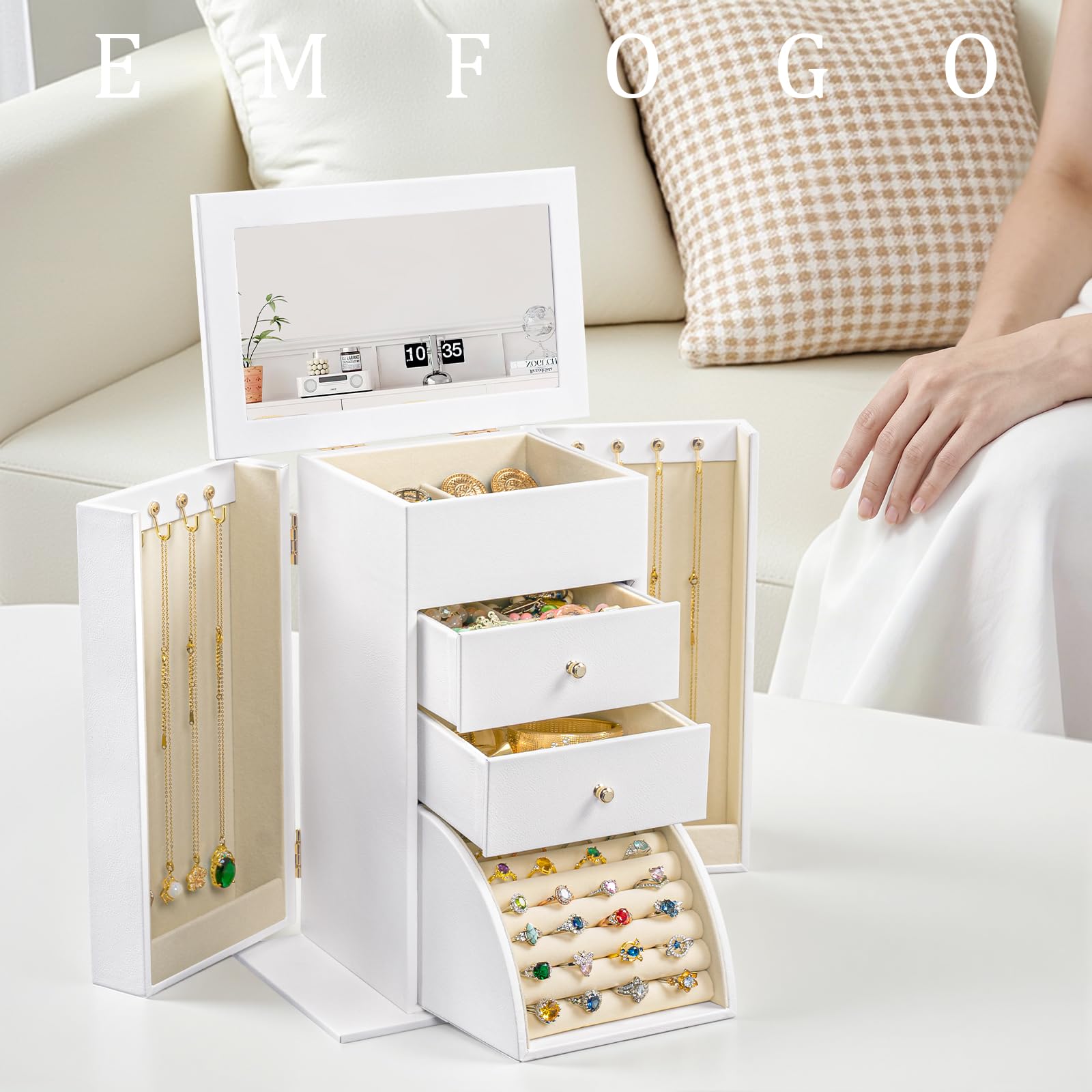 Schmuckkästchen, Schmuckaufbewahrung, Leder Groß Schmuckkasten Organizer mit Spiegel, 4 Ebenen Schmuckbox für Ringe, Ohrringe, Halsketten, Armbänder (Weiß)