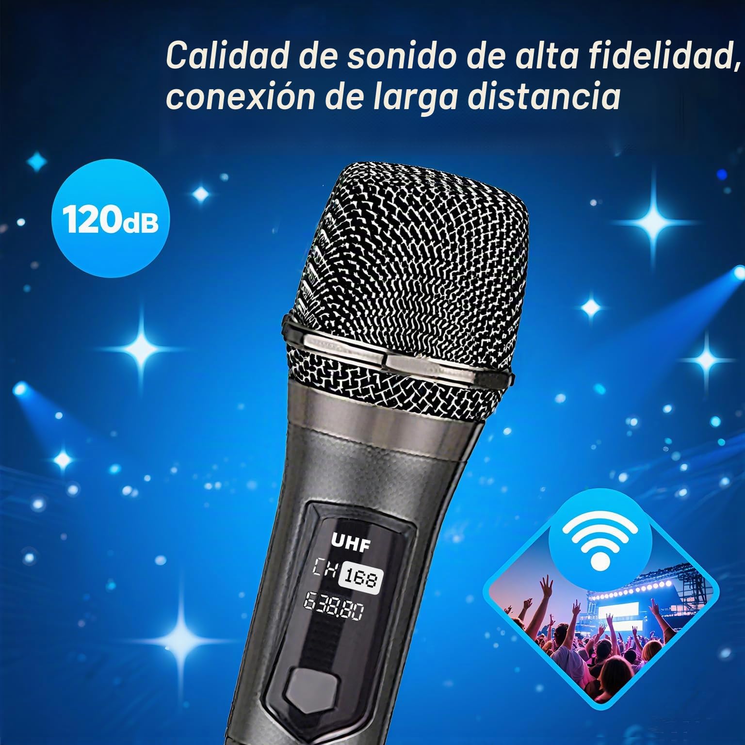 Micrófono de Mano inalámbrico con Receptor Recargable, Adecuado para Karaoke, Canto, Fiestas, Bodas, DJ, discursos, 200 pies (68)