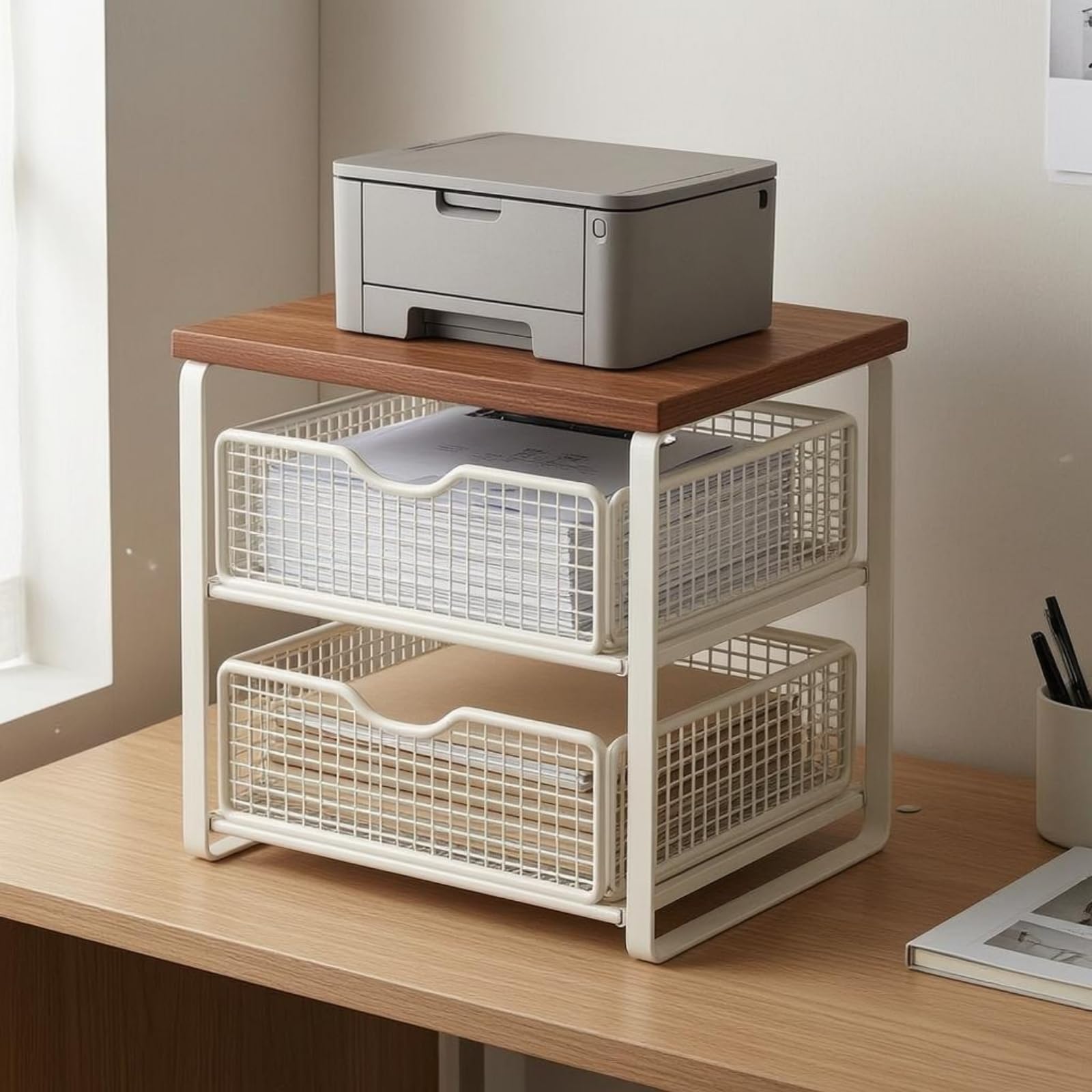 rockible Organizzatore da Scrivania Ufficio Mensola Ripiani Cassetto Portadocumenti Portapenne Struttura in Metallo Effetto Legno, Stile Nero, Noce, Con Cassetto, Rialzato Senza Installazione