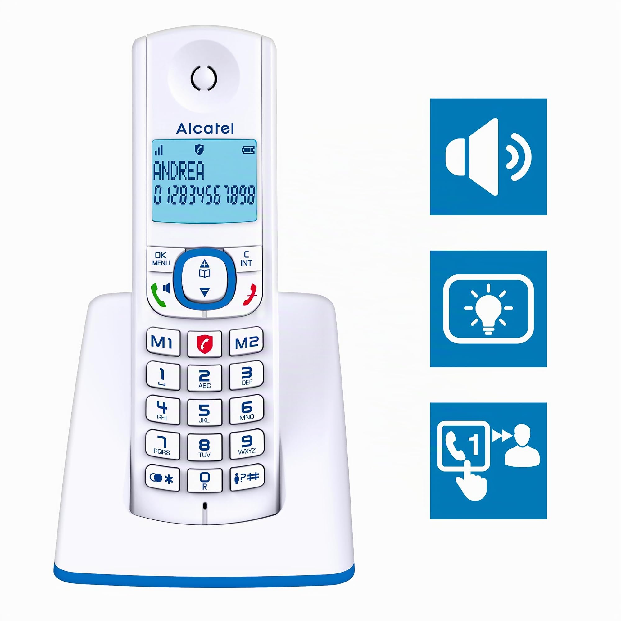 Alcatel F530 - Teléfono (Teléfono DECT, Terminal con conexión por cable, Altavoz, 50 entradas, Identificador de llamadas, Azul, Blanco)