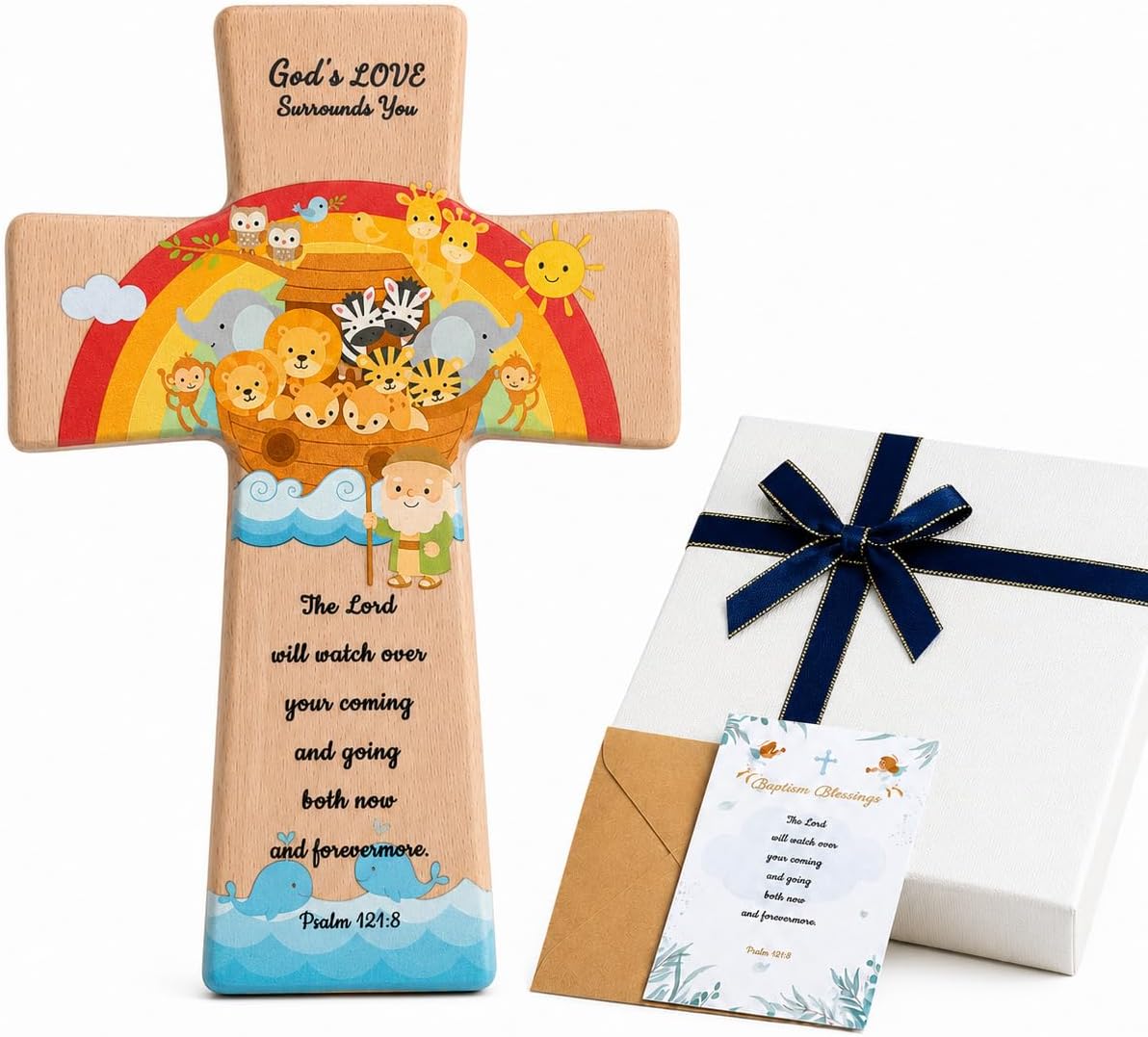 Onism Wooden Wall Cross for Baby Boy, Noah's Ark Baptism Gift, 8 in Beech | Christian christening nursery decor, plus keepsake box & fillable prayer card, Psalm 121:8 scripture, dedication present