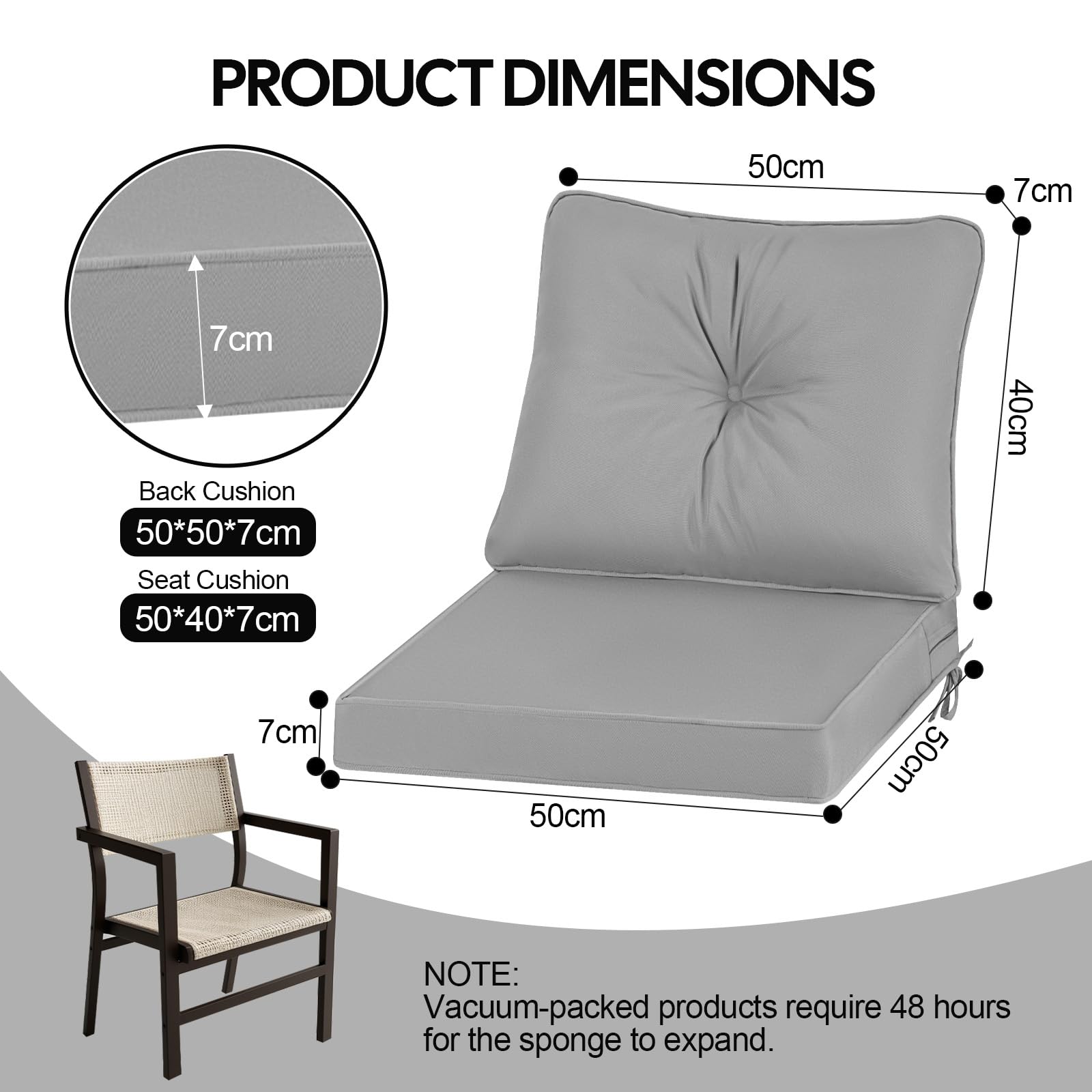 PRIMEPATIO Outdoor Garden Chair Cushion with Backrest, 7cm Thick Waterproof Patio Seat Pad for Low-Back Sofa Chairs, Replacement Garden Furniture Cushion with Ties, 50 x 50cm, Grey — view 2