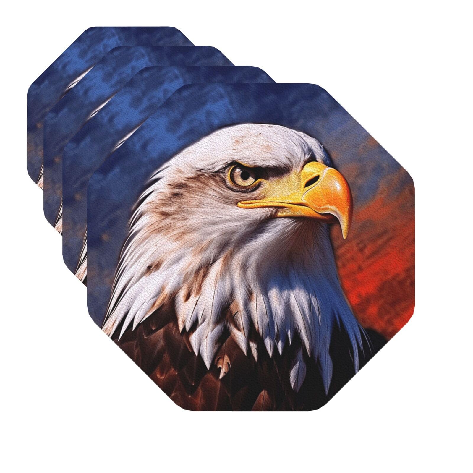 Drink Coasters Set of 4 Quick-Dry Leather Coaster Bald Eagle Coasters for Drinks Coffee Cup Mat Tabletop Protection Heat Resistant Coaster for Kitchen Bar Office Home Decor