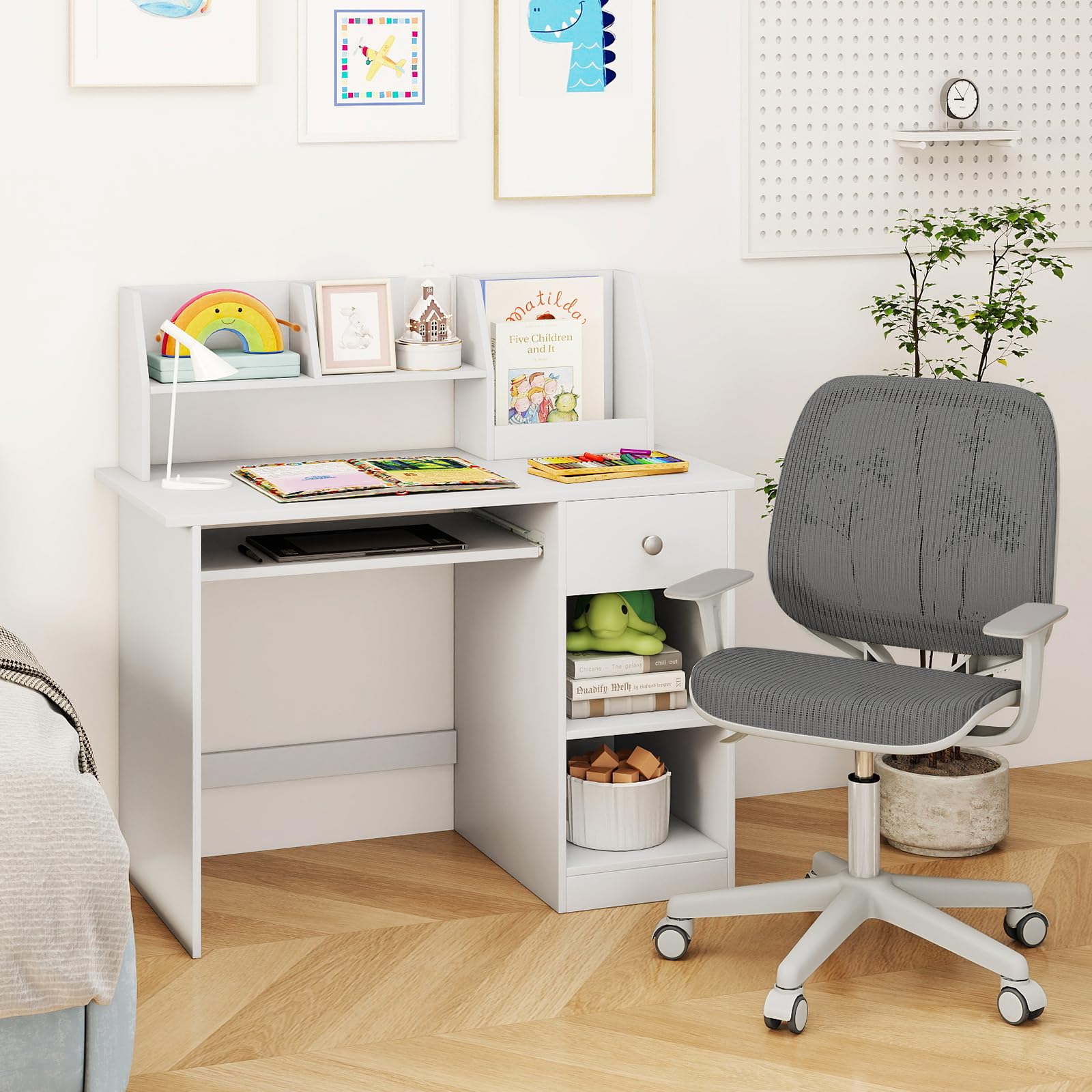 GOPLUS Bureau Enfant 3 en 1 avec Rangement, Tiroir et Étagères, Table Enfant en Bois 90x45x90CM Blanc