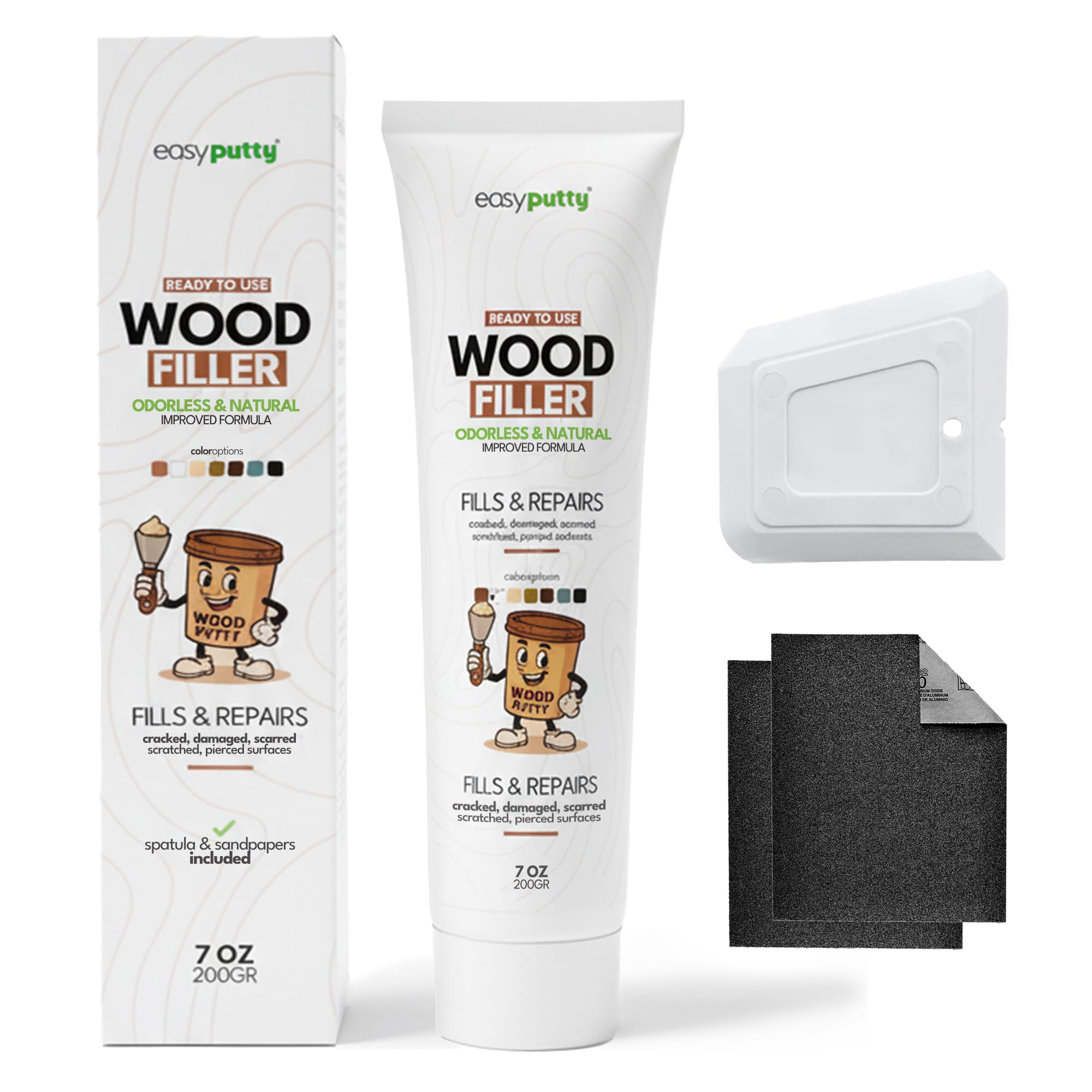 Stucco per Legno - Riempitivo per Mobili, Armadi in Legno, Pavimenti, Porte e Tavoli - Uso Interno ed Esterno + Include Carta Abrasiva & Spatola - 200 g (Bianco)