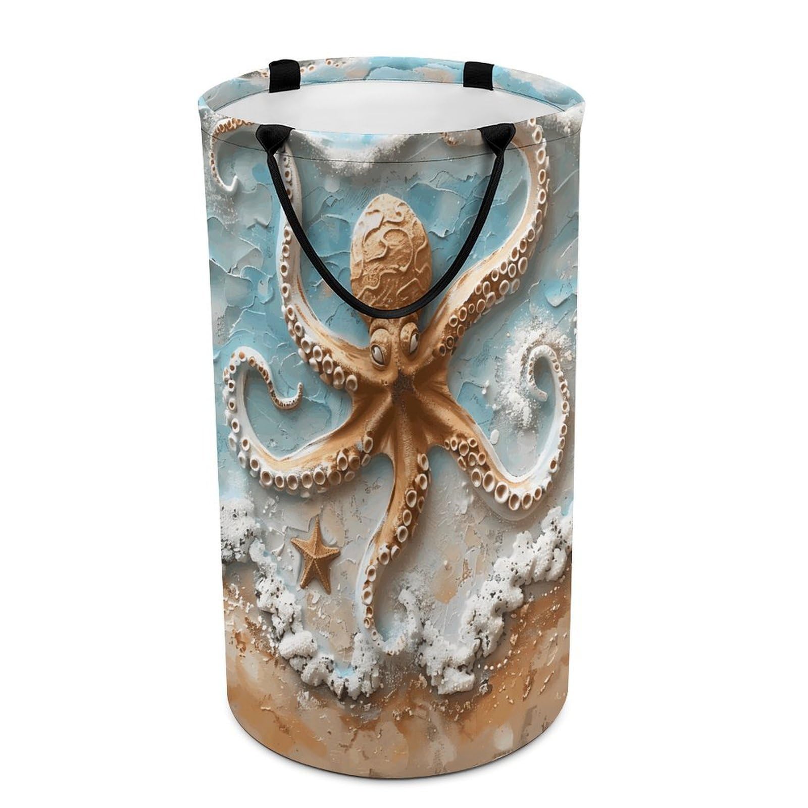 Fodpand Style Beach Octopus Starfish Laundry Basket With Handle Foldable Laundry Hamper Narrow Laundry Bag For Bedroom, Bathroom, Laundry Room 15.7X27.2 In
