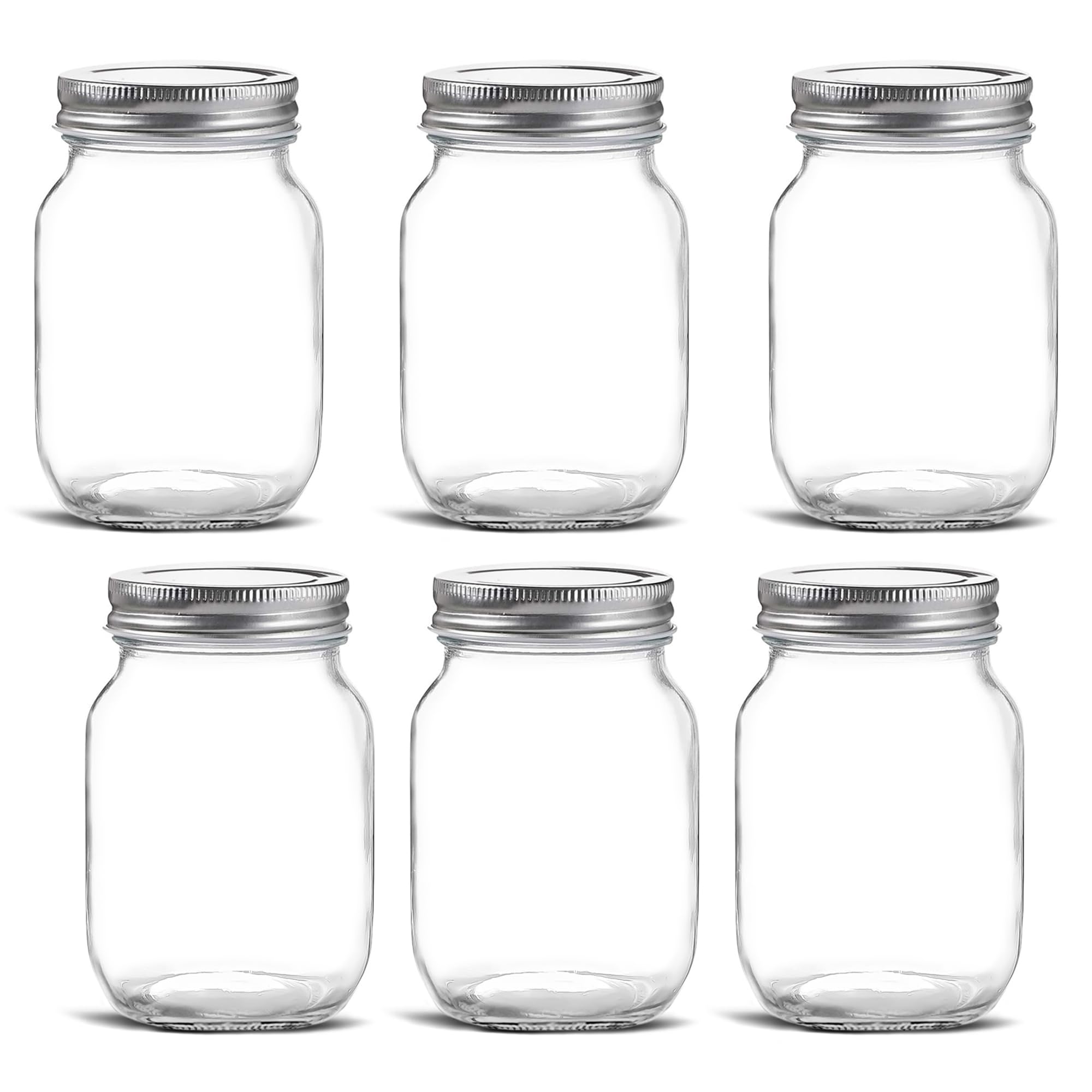 Glass Regular Mouth Mason Jars, 16 oz Clear Glass Jars with Silver Metal Lids for Sealing, Canning Jars for Food Storage, Overnight Oats, Dry Food, Snacks, Candies, DIY Projects (6 PACK)