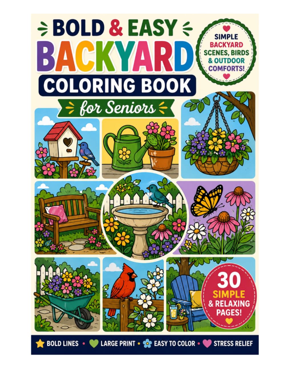 Bold & Easy Backyard Coloring Book for Seniors: Simple Large Print Backyard Scenes, Birds & Outdoor Comforts for Stress Relief