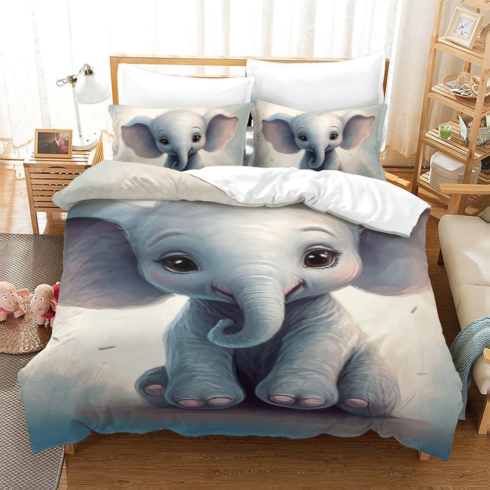 Housse de couette éléphant imprimé 3D parure de lit microfibre 140x200cm avec taie
