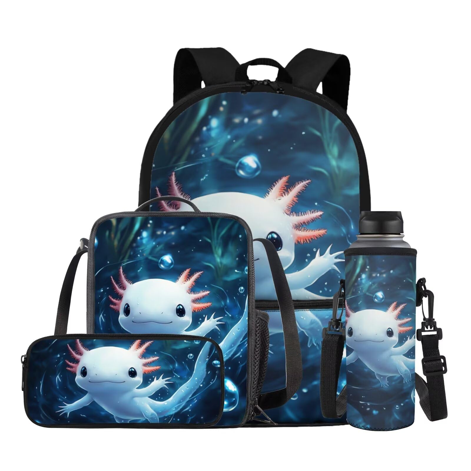 Zaino scolastico per ragazzi dai 4 agli 8 anni, leggero, con borsa per il pranzo, 4 pezzi, set di libri per bambini per la scuola, Axolotl oceano, M, Classico