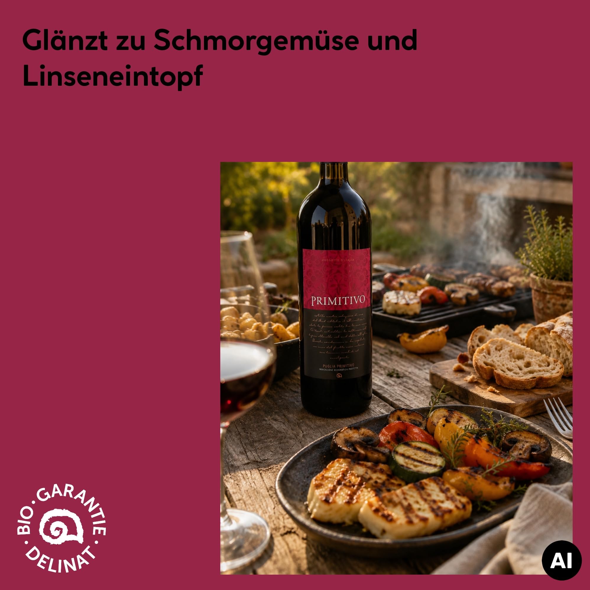 DELINAT Primitivo Puglia 2022 – Italienischer Bio-Rotwein halbtrocken | Sortenreiner Primitivo aus Apulien, fruchtig & säurearm - Veganer Premiumwein 6 x 0,75l